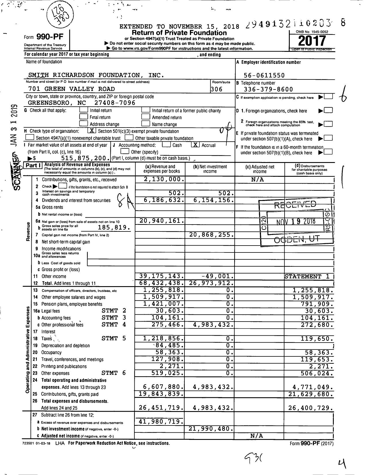 Image of first page of 2017 Form 990PF for Smith Richardson Foundation (SRF)