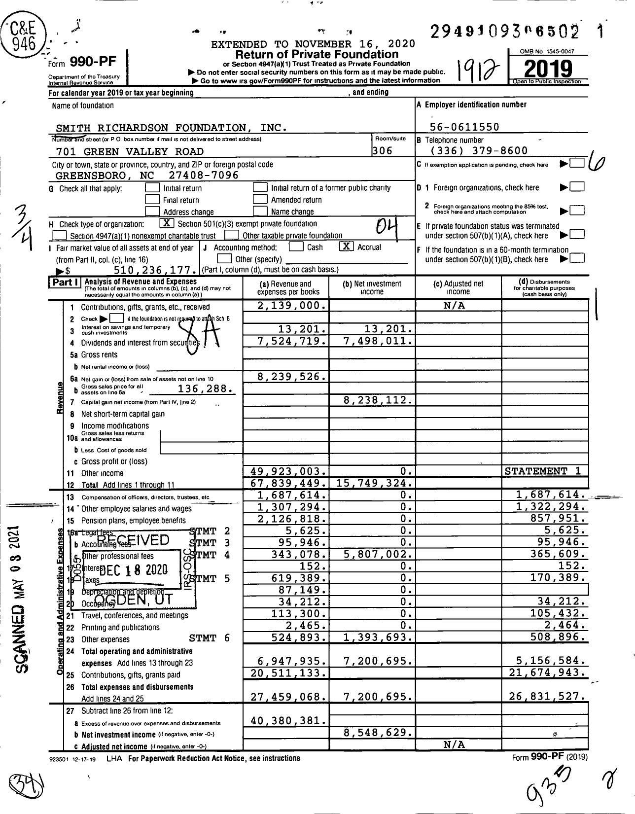 Image of first page of 2019 Form 990PF for Smith Richardson Foundation (SRF)
