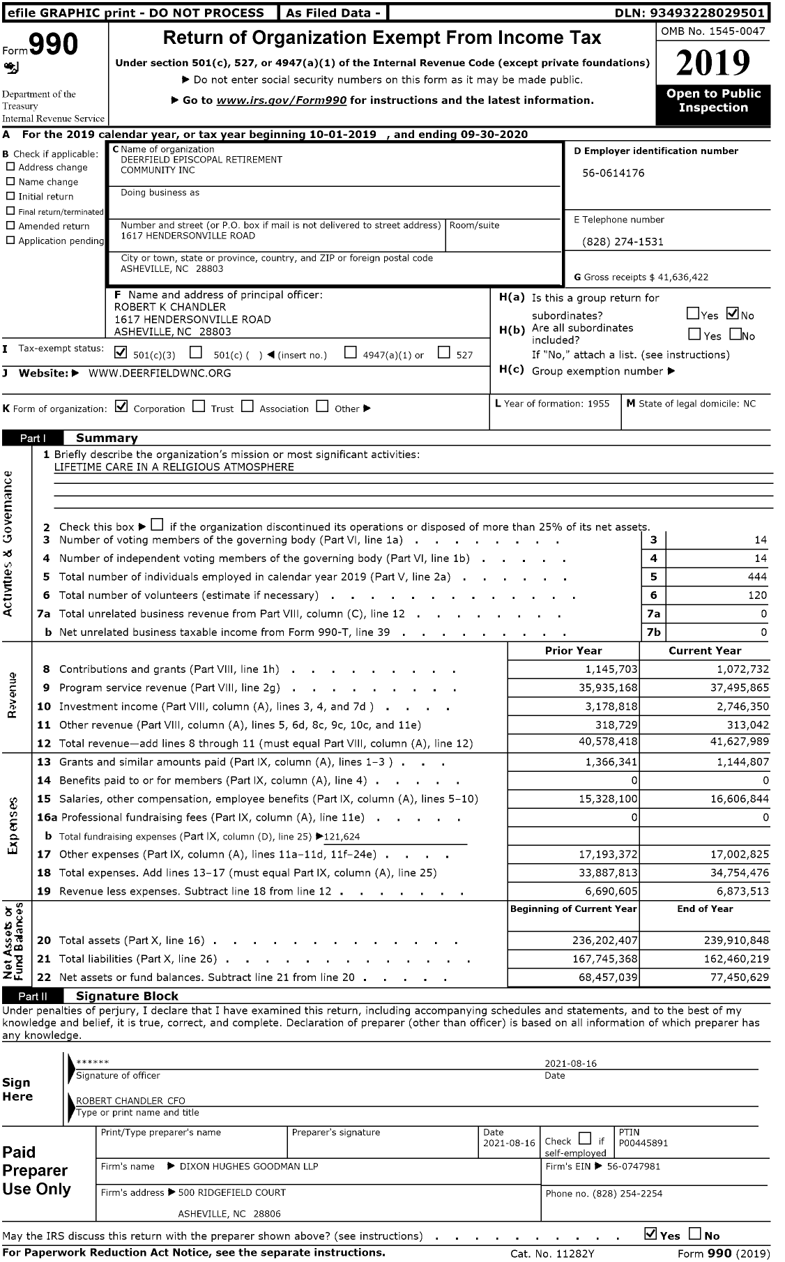 Image of first page of 2019 Form 990 for Deerfield Episcopal Retirement Community