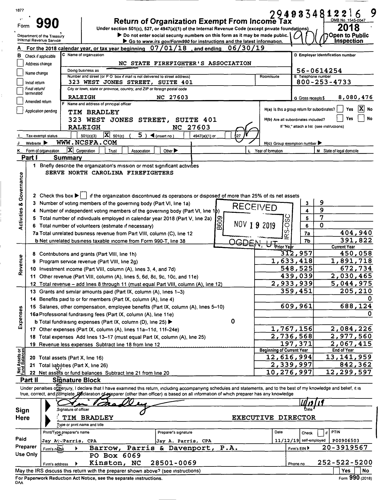Image of first page of 2018 Form 990O for NC STATE Firefighter's ASSOCIATION