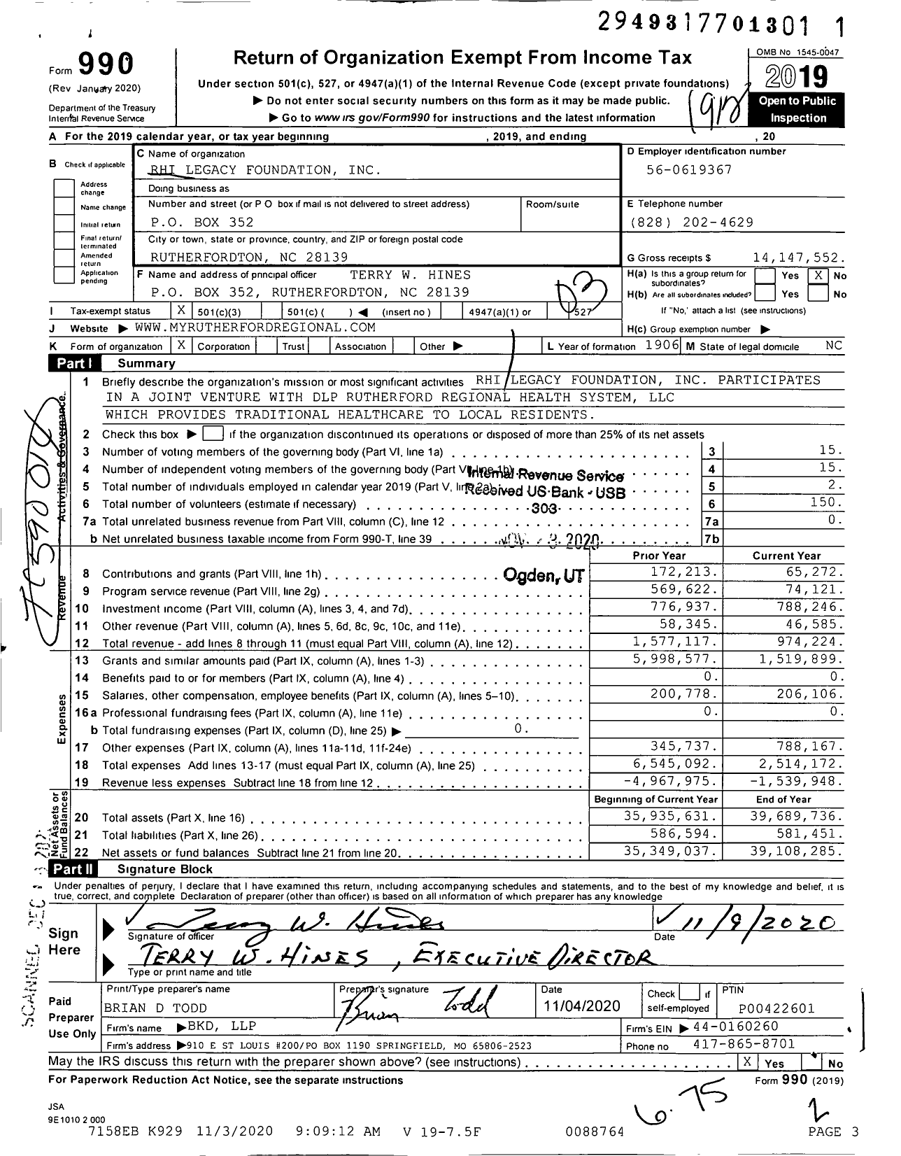 Image of first page of 2019 Form 990 for Rhi Legacy Foundation