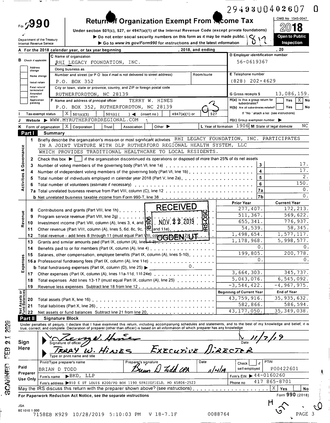 Image of first page of 2018 Form 990 for Rhi Legacy Foundation