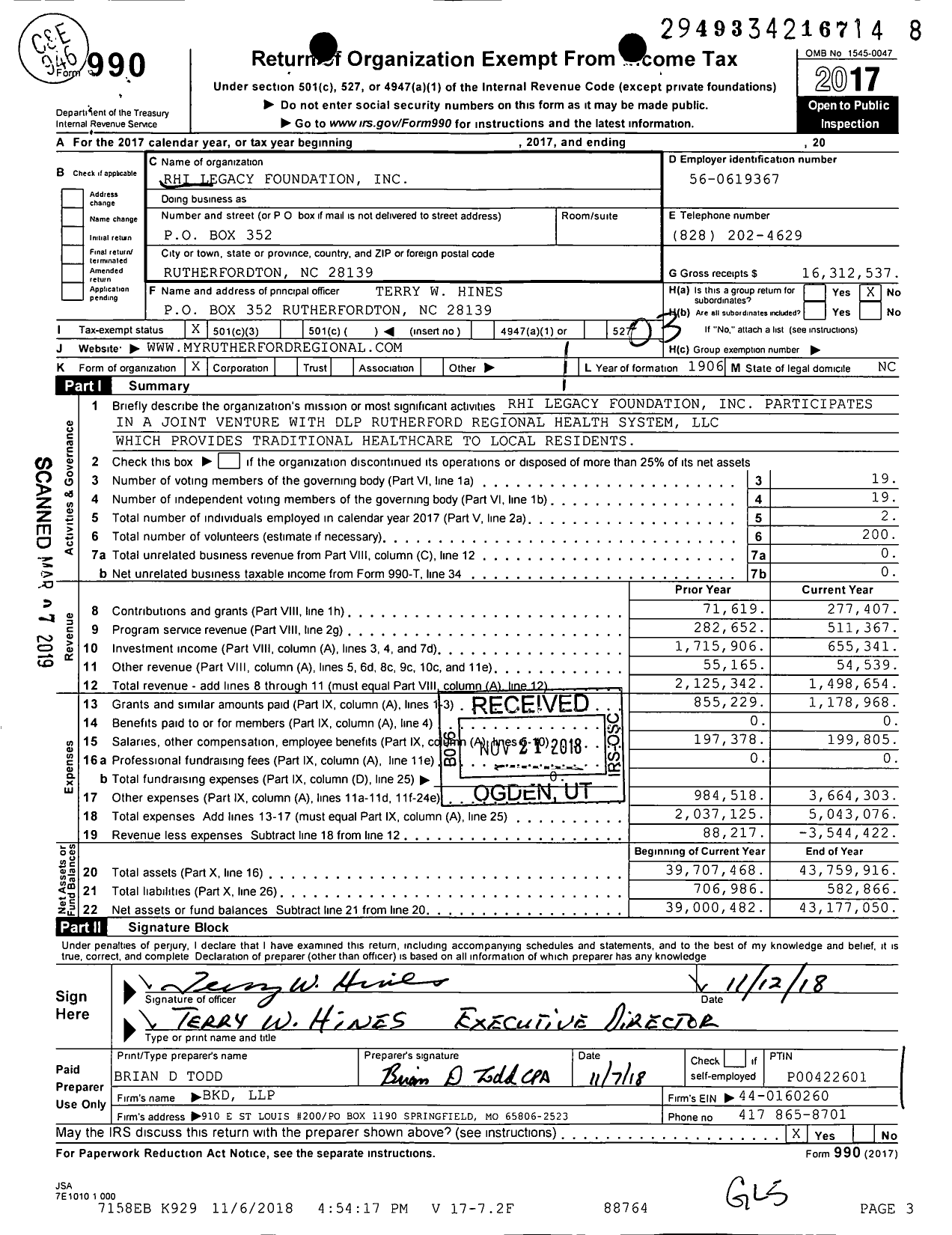 Image of first page of 2017 Form 990 for Rhi Legacy Foundation