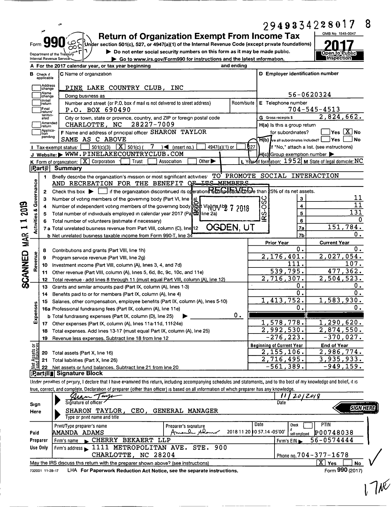 Image of first page of 2017 Form 990O for Pine Lake Country Club