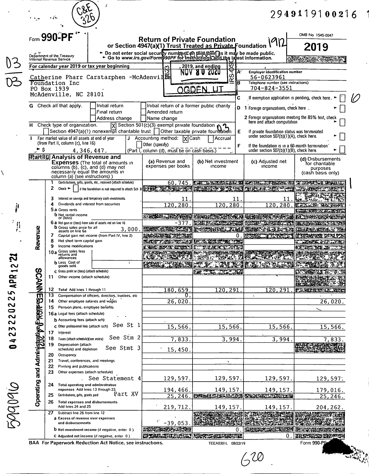 Image of first page of 2019 Form 990PF for Catherine Pharr Carstarphen-Mcadenville Foundation