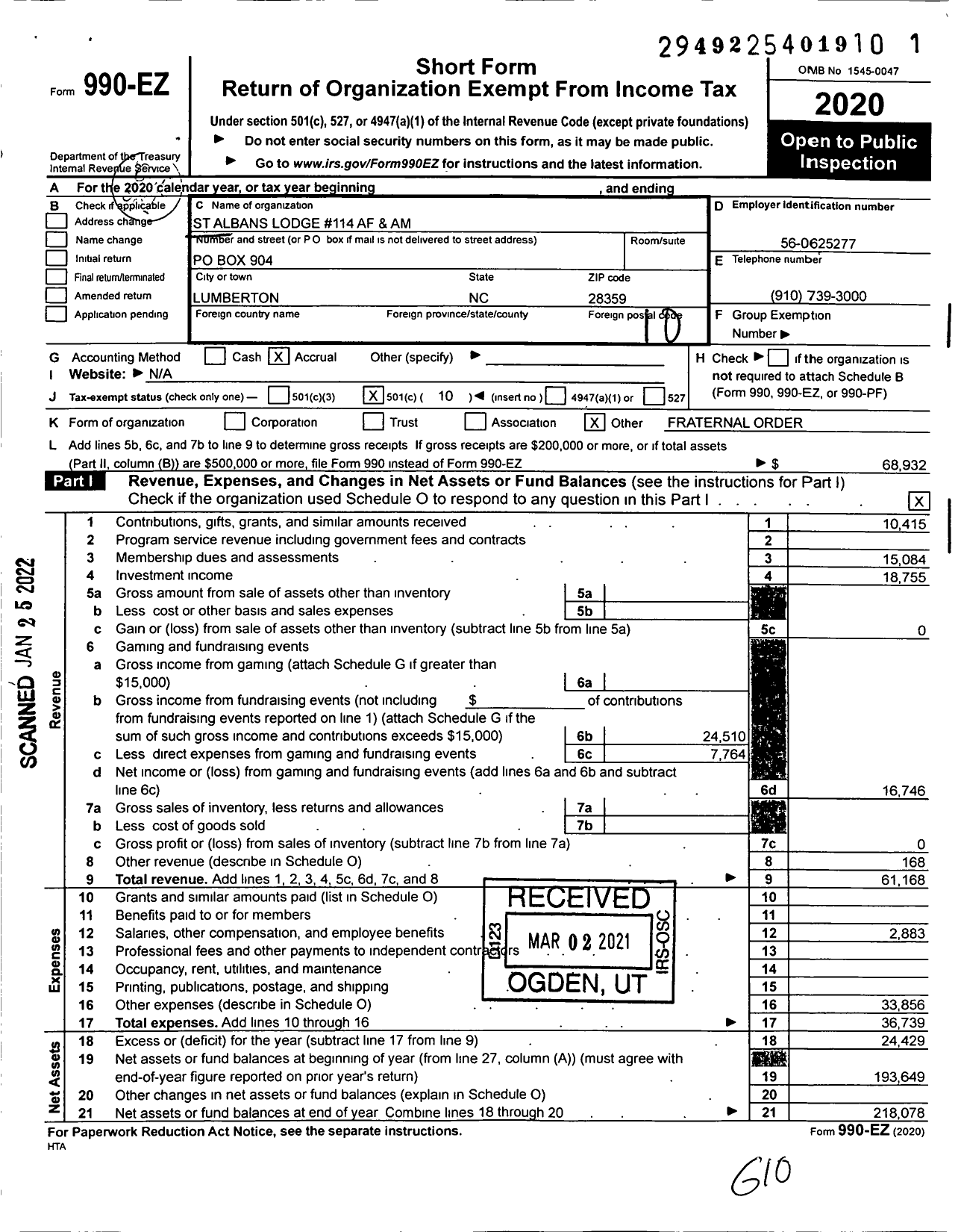 Image of first page of 2020 Form 990EO for Ancient Free and Accepted Masons of North Carolina - 114 St Albans