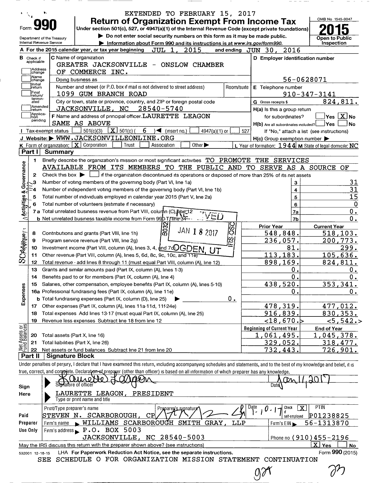 Image of first page of 2015 Form 990O for Greater Jacksonville - Onslow Chamber of Commerce