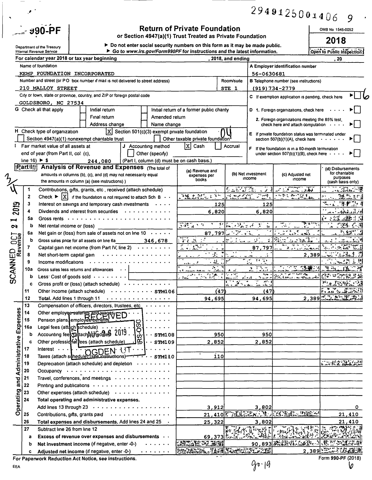 Image of first page of 2018 Form 990PF for Kemp Foundation Incorporated