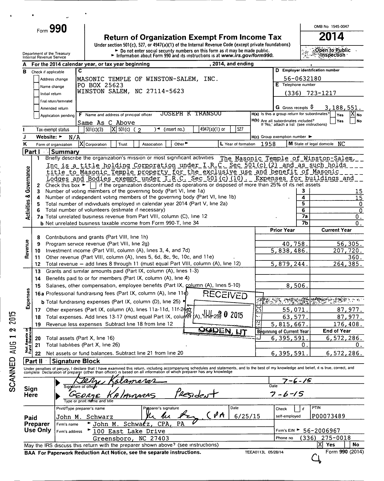 Image of first page of 2014 Form 990O for Masonic Temple of Winston-Salem