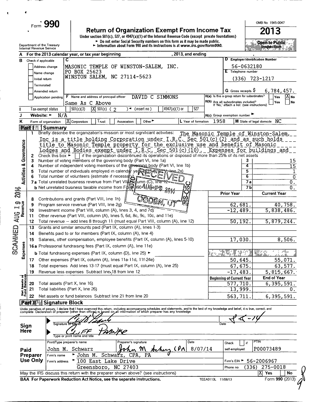 Image of first page of 2013 Form 990O for Masonic Temple of Winston-Salem