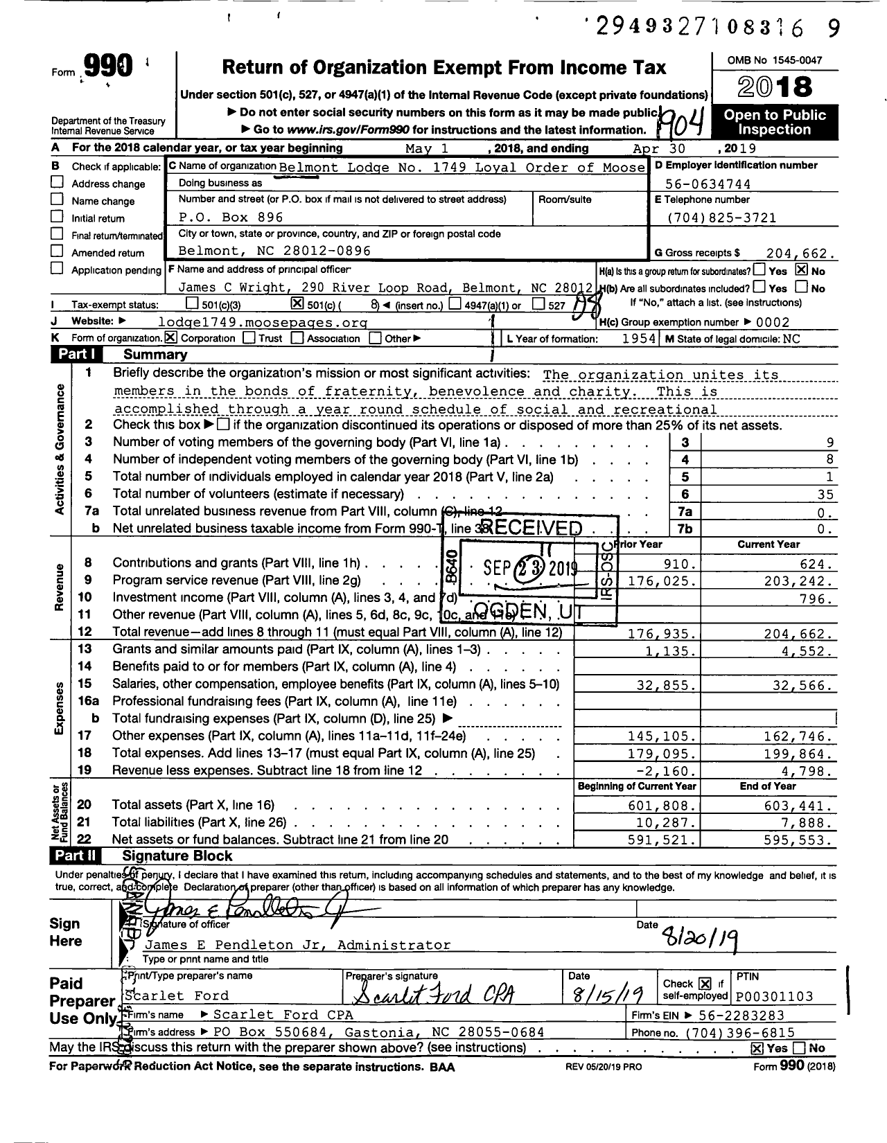 Image of first page of 2018 Form 990O for Loyal Order of Moose - 1749