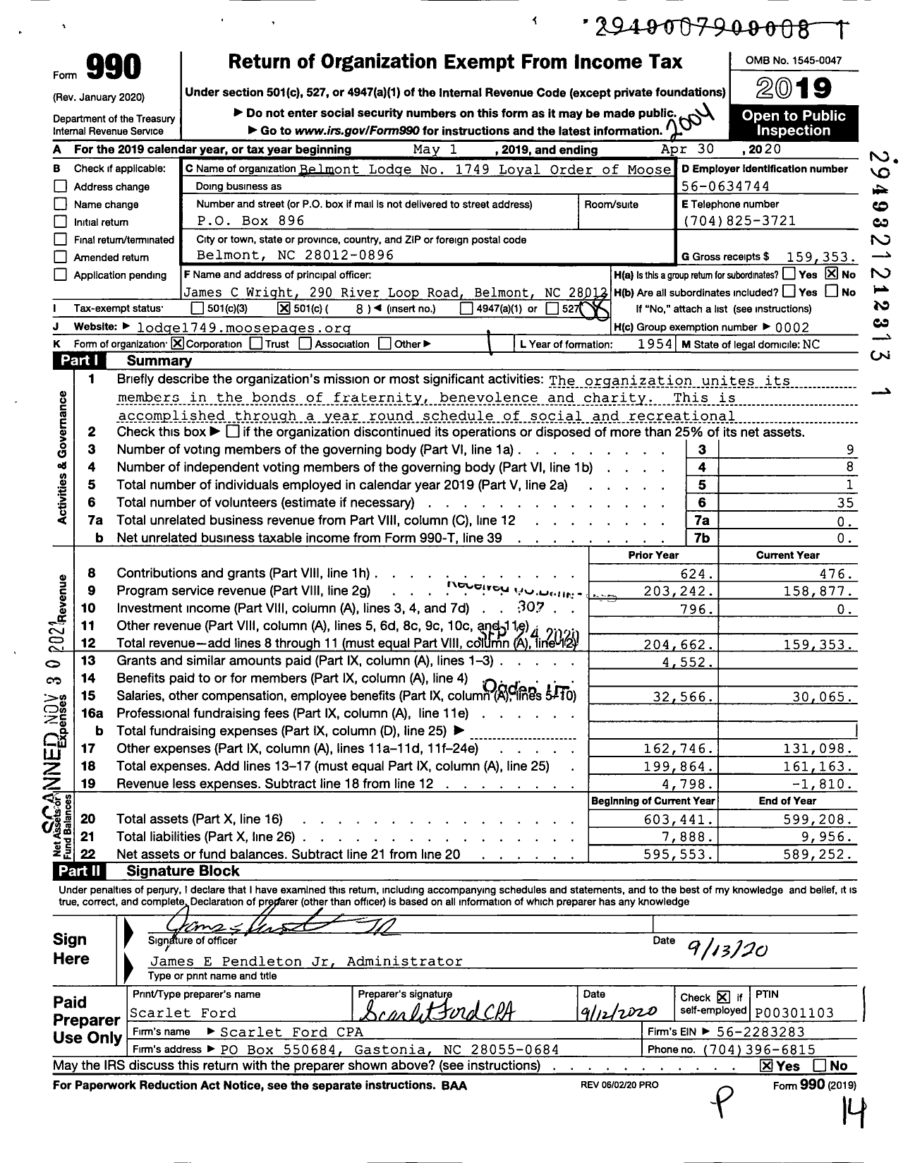 Image of first page of 2019 Form 990O for Loyal Order of Moose - 1749