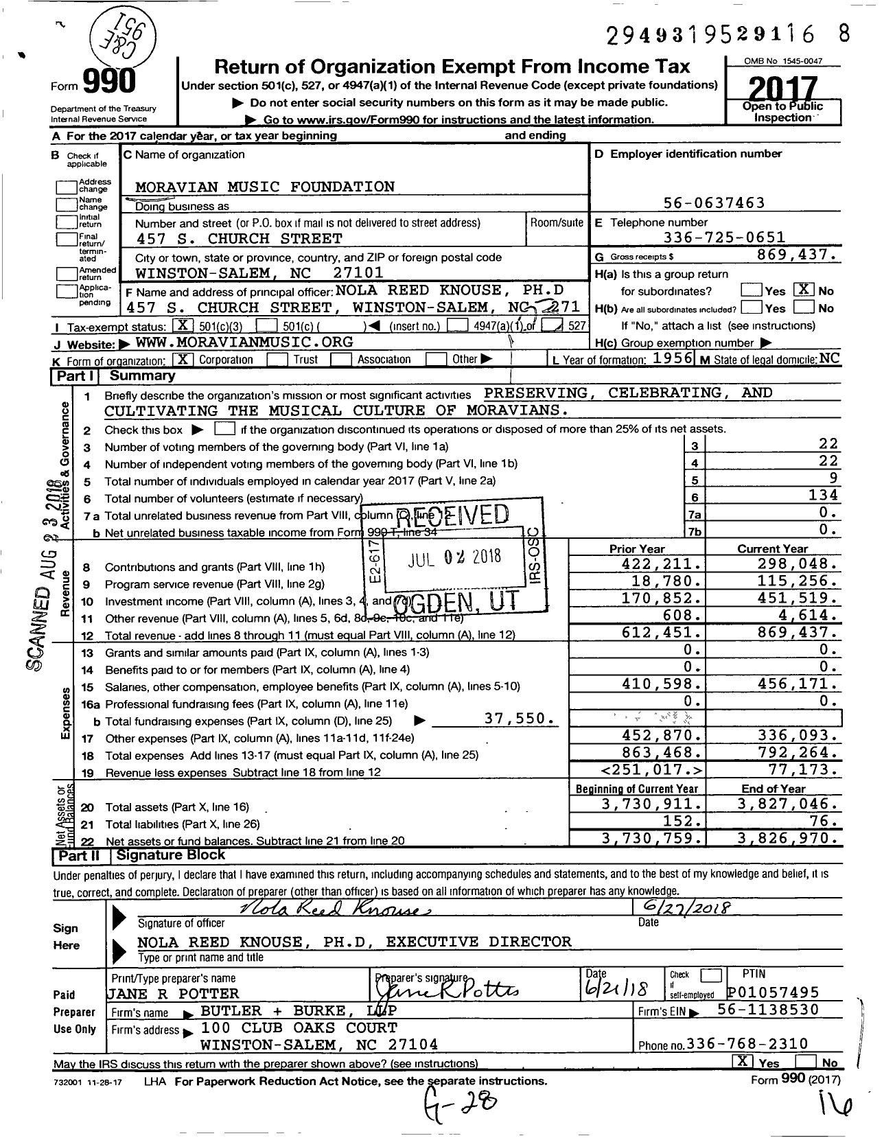 Image of first page of 2017 Form 990 for Moravian Music Foundation