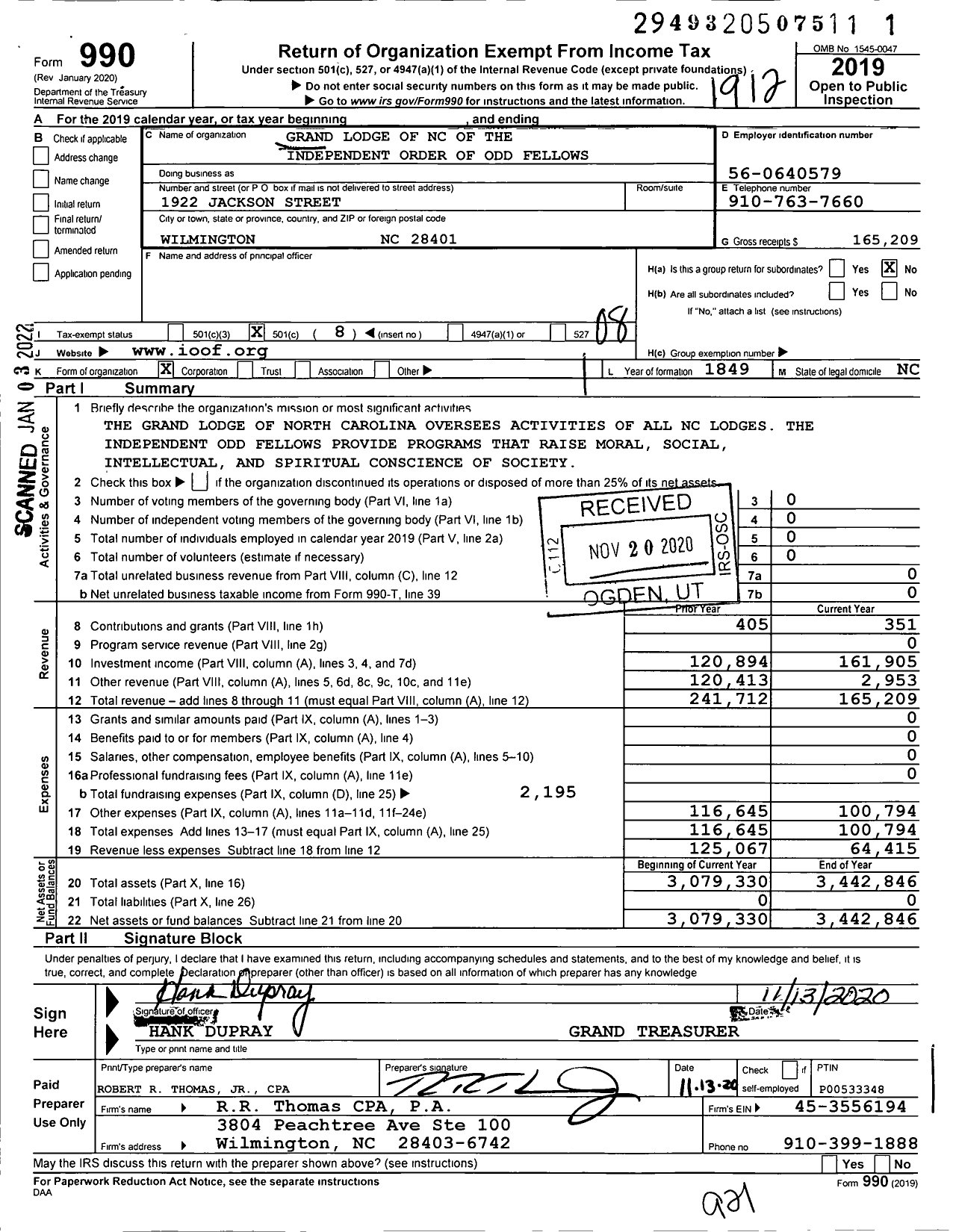 Image of first page of 2019 Form 990O for Independent Order of Odd Fellows - North Carolina Grand Lodge