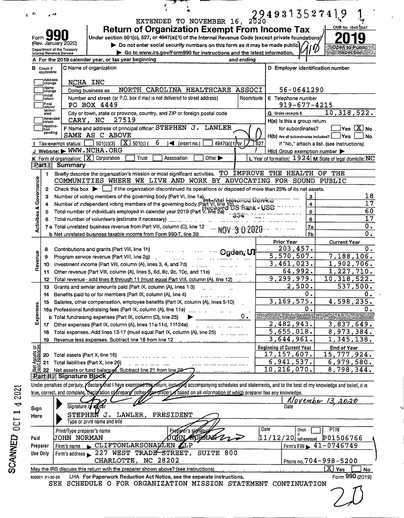 Image of first page of 2019 Form 990O for North Carolina Healthcare Association