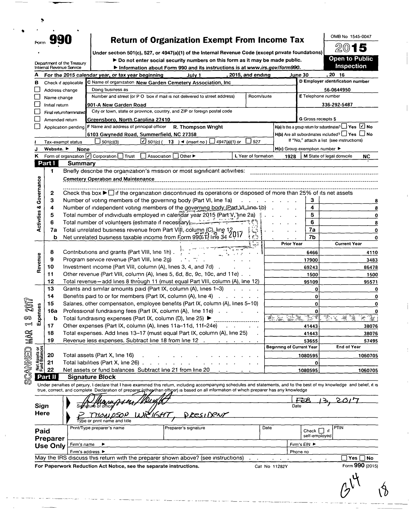 Image of first page of 2015 Form 990O for New Garden Cemetery Association