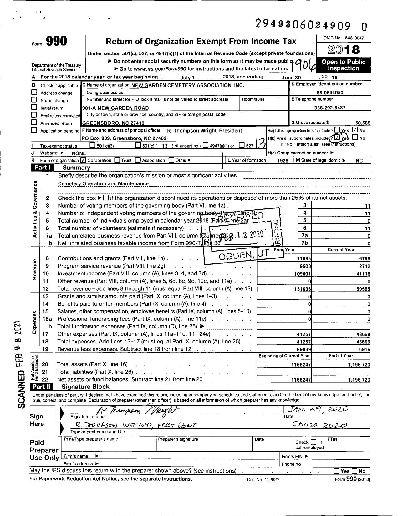 Image of first page of 2018 Form 990O for New Garden Cemetery Association