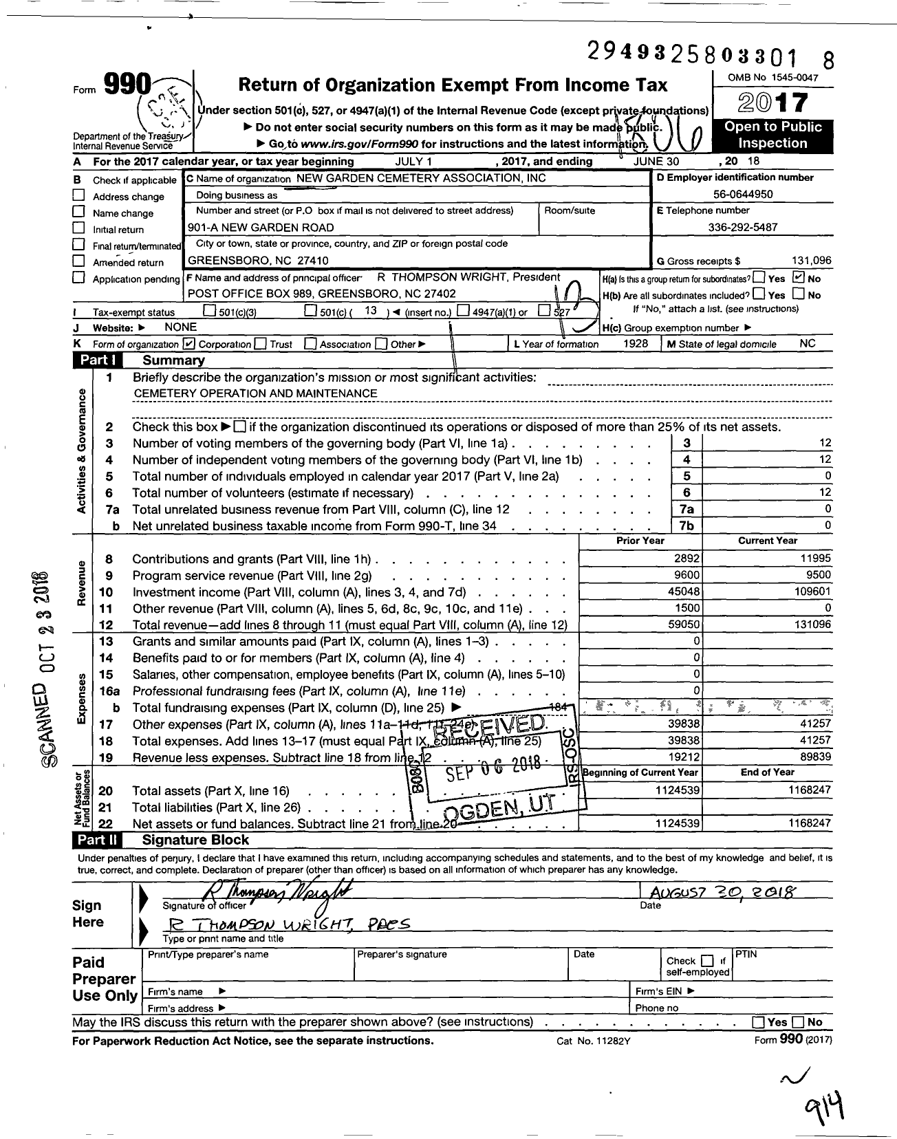 Image of first page of 2017 Form 990O for New Garden Cemetery Association