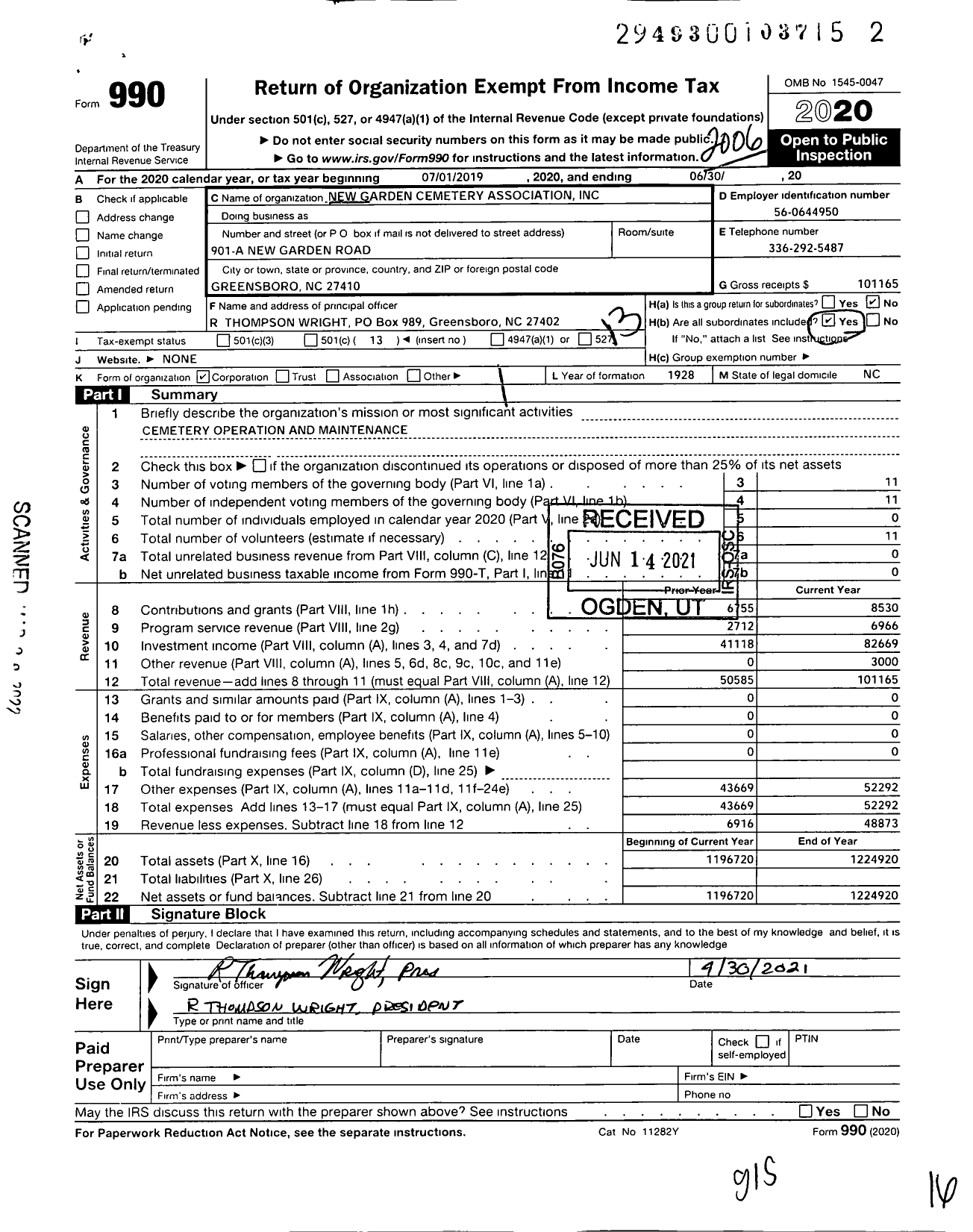 Image of first page of 2019 Form 990O for New Garden Cemetery Association