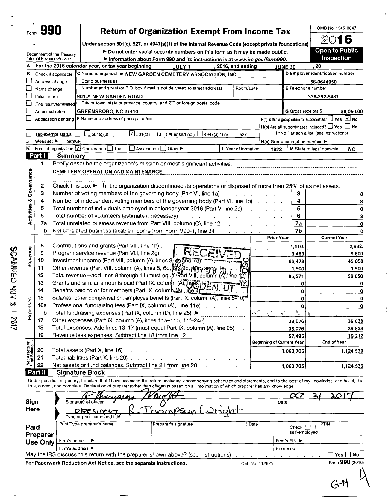 Image of first page of 2015 Form 990O for New Garden Cemetery Association