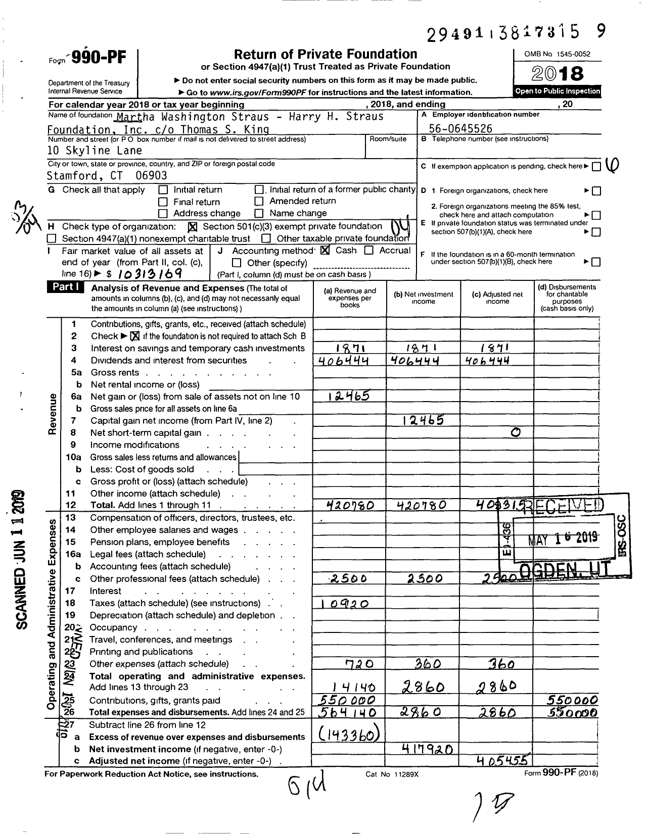 Image of first page of 2018 Form 990PF for Martha Washington Straus-Harry H Straus Foundation