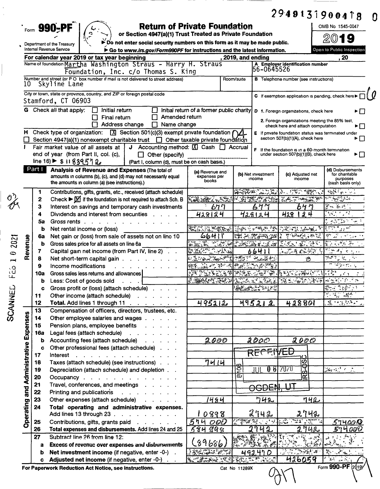 Image of first page of 2019 Form 990PF for Martha Washington Straus-Harry H Straus Foundation