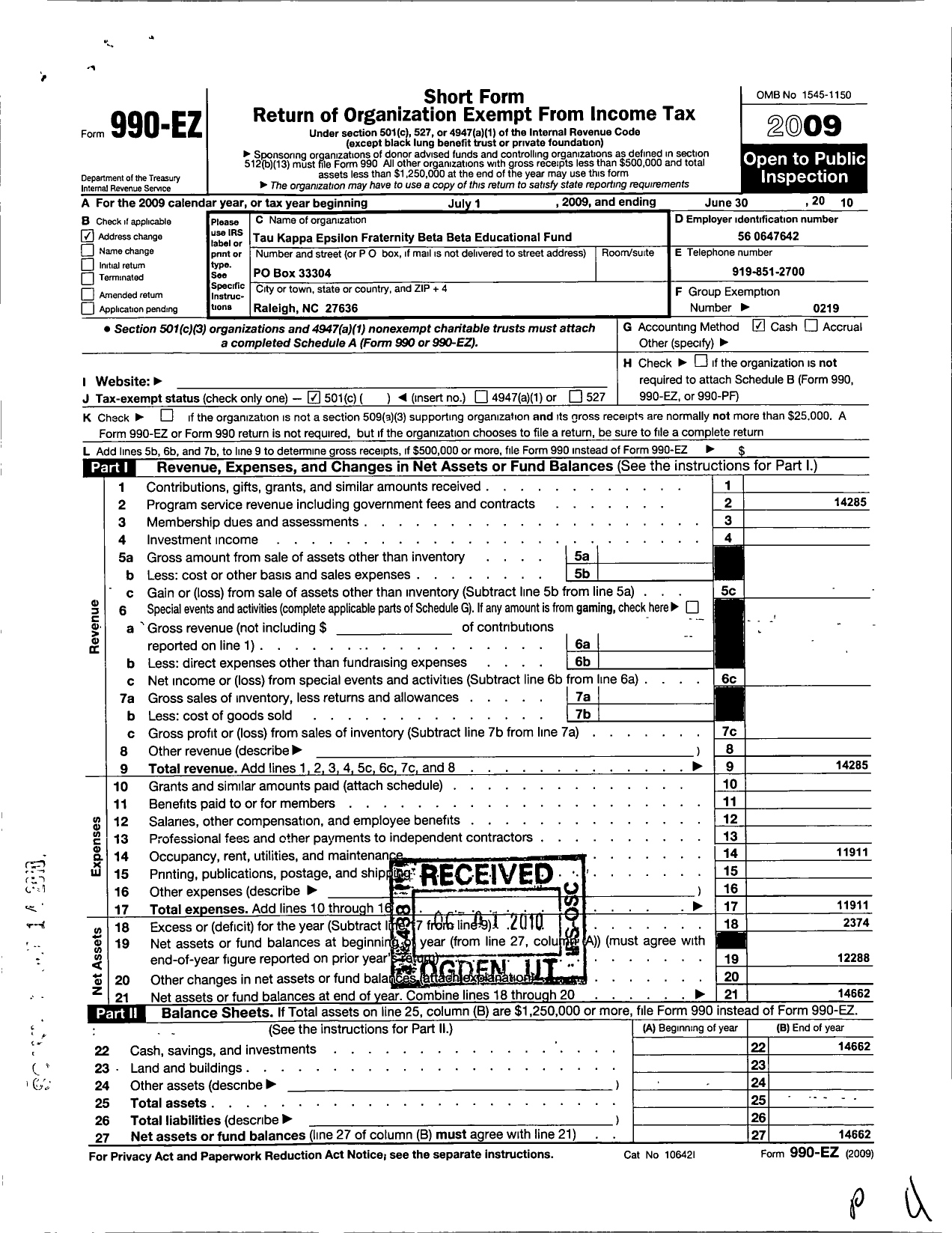 Image of first page of 2009 Form 990EO for Tau Kappa Epsilon Fraternity - 150 Beta Beta Chapter