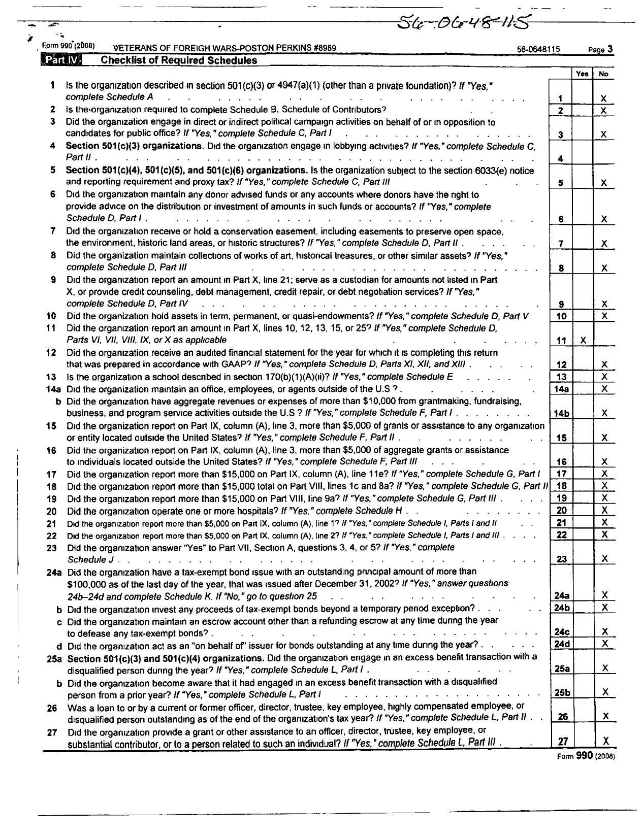 Image of first page of 2008 Form 990OR for VFW NC - 8989 Poston-Perkins Post