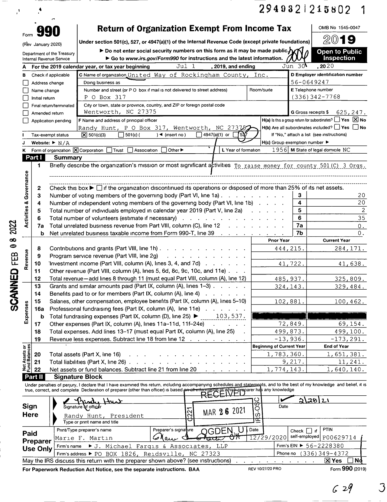 Image of first page of 2019 Form 990 for United Way of Rockingham County