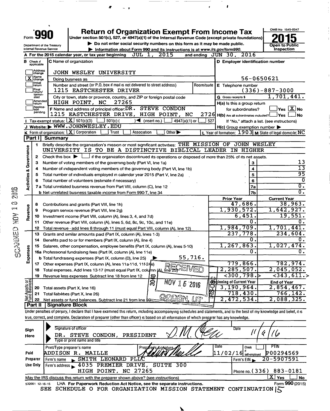 Image of first page of 2015 Form 990 for Laurel University