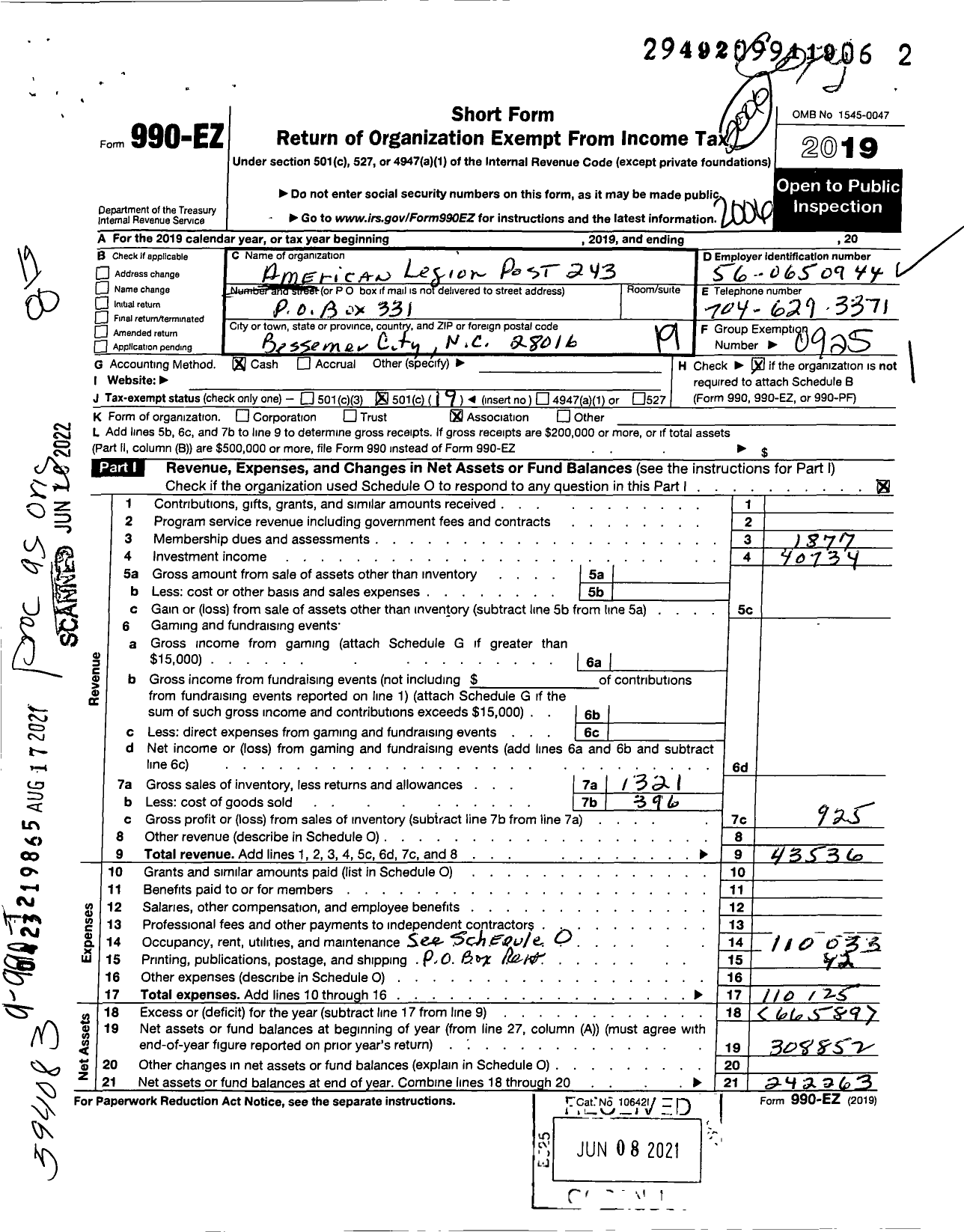 Image of first page of 2019 Form 990EO for American Legion - 0243 Bessemer City