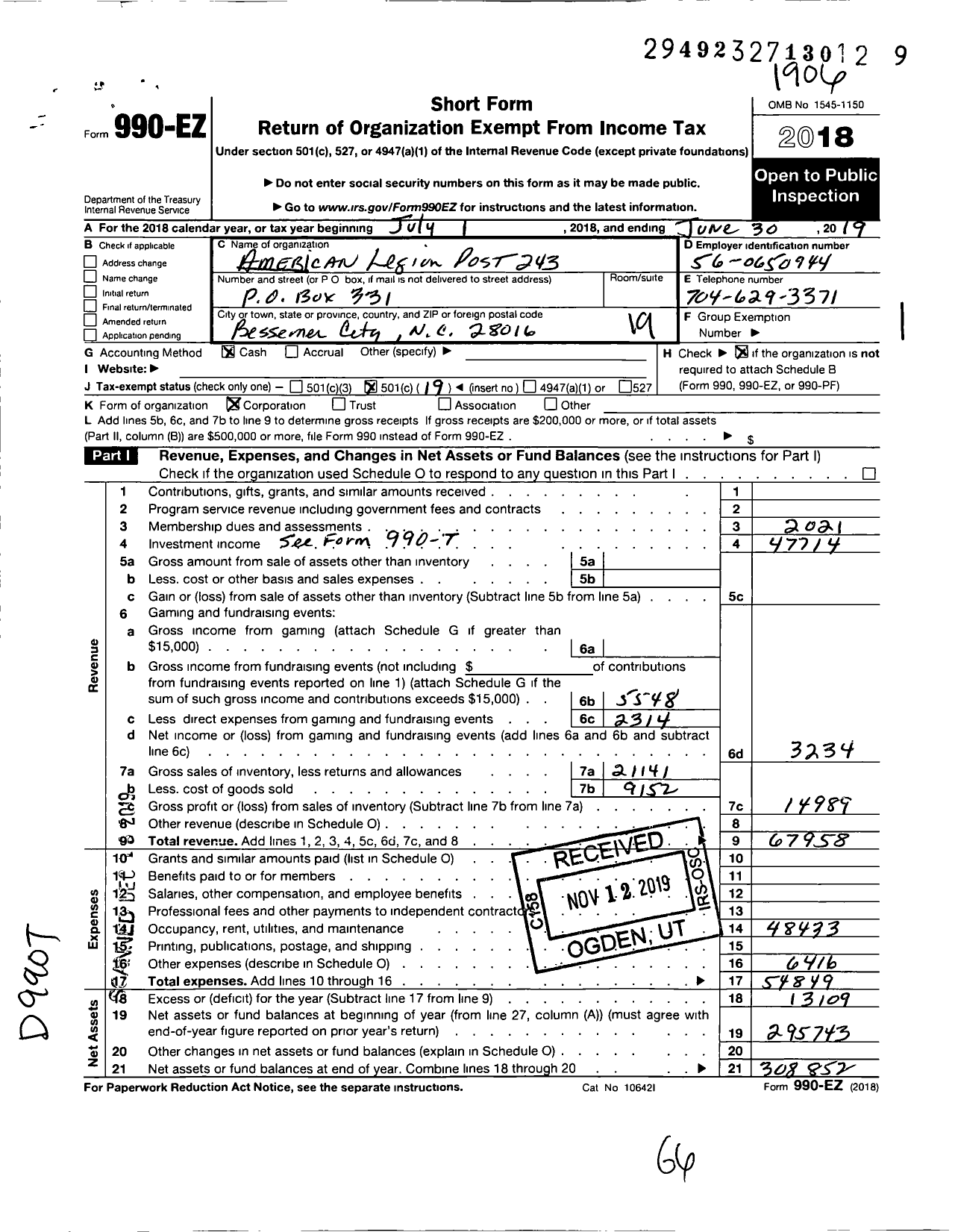 Image of first page of 2018 Form 990EO for American Legion - 0243 Bessemer City