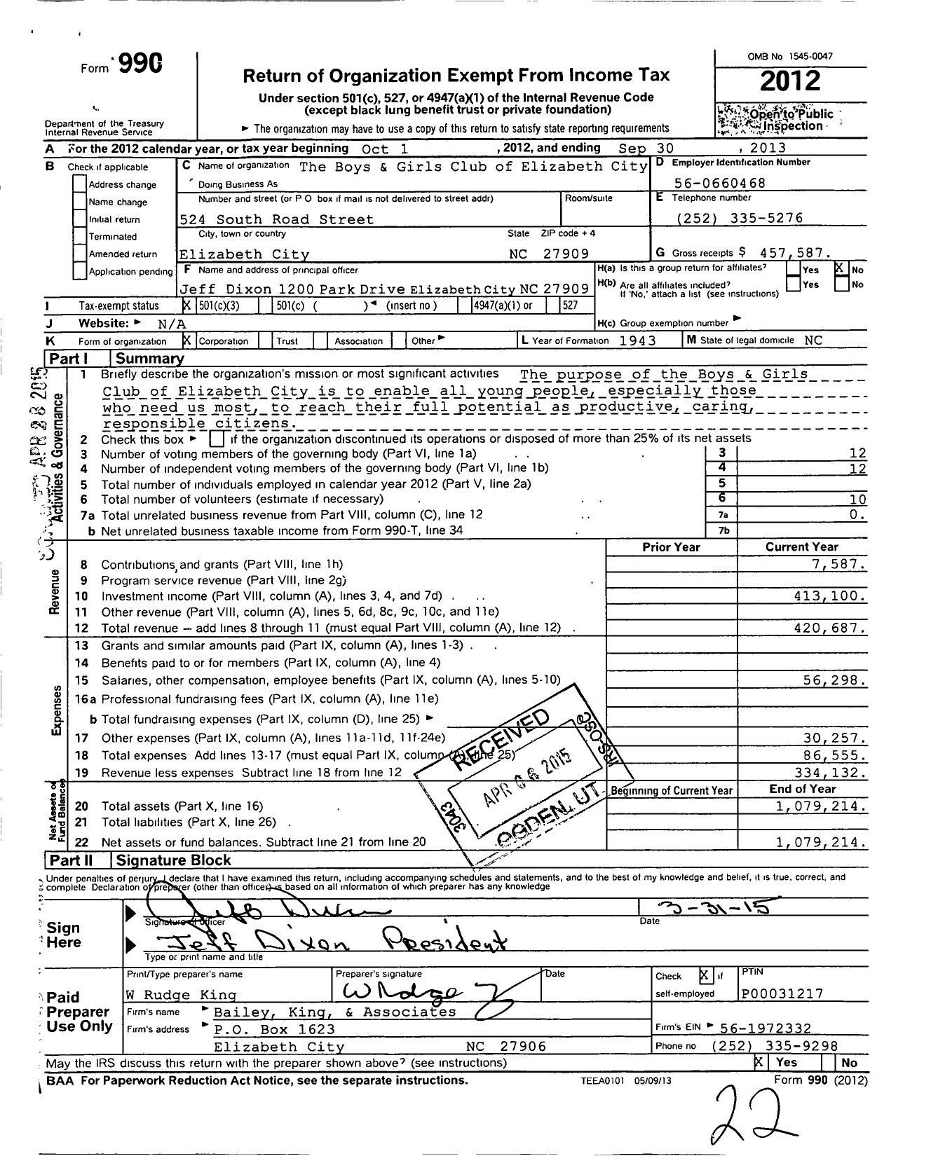 Image of first page of 2012 Form 990 for The Boys and Girls Club of Elizabeth City