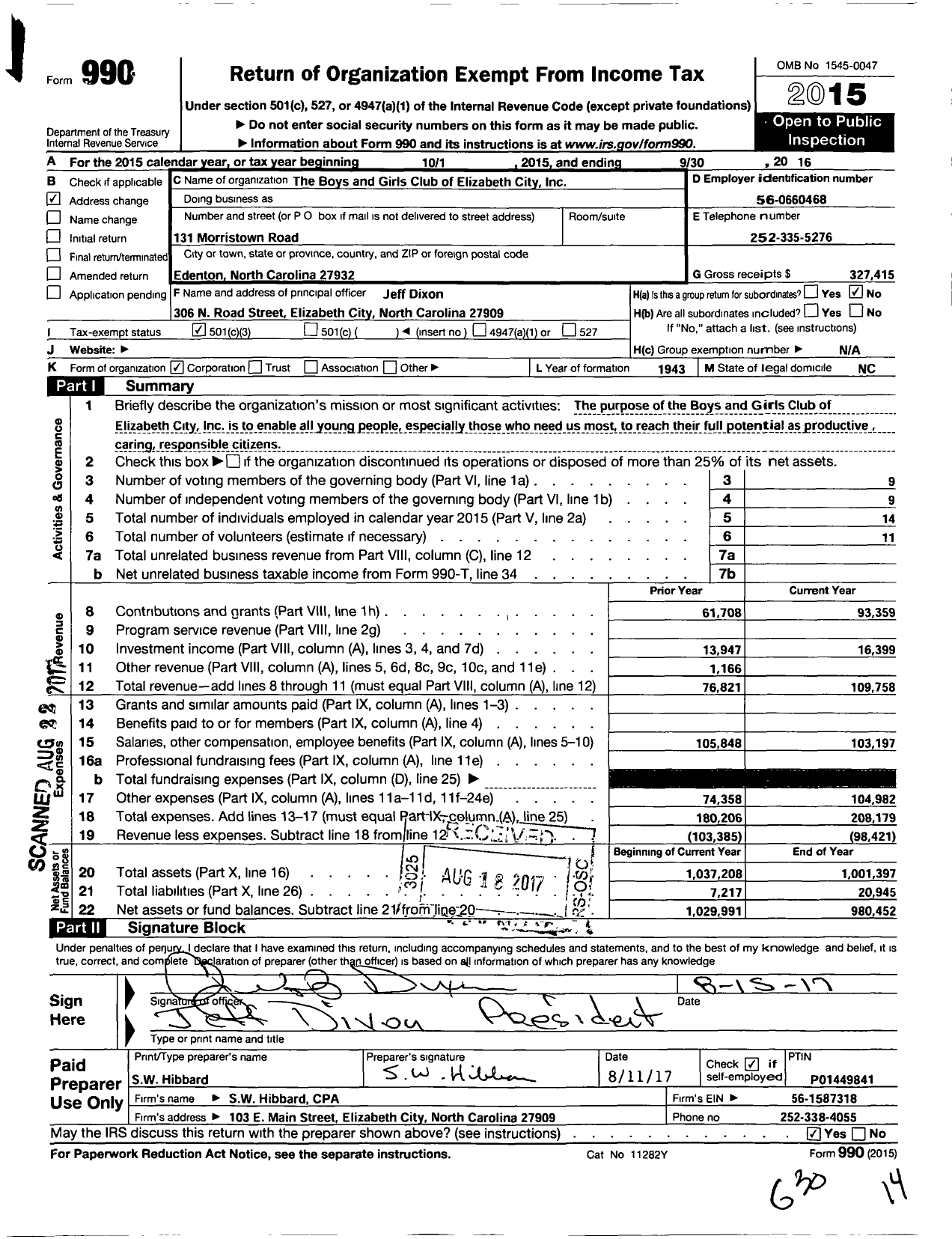 Image of first page of 2015 Form 990 for The Boys and Girls Club of Elizabeth City