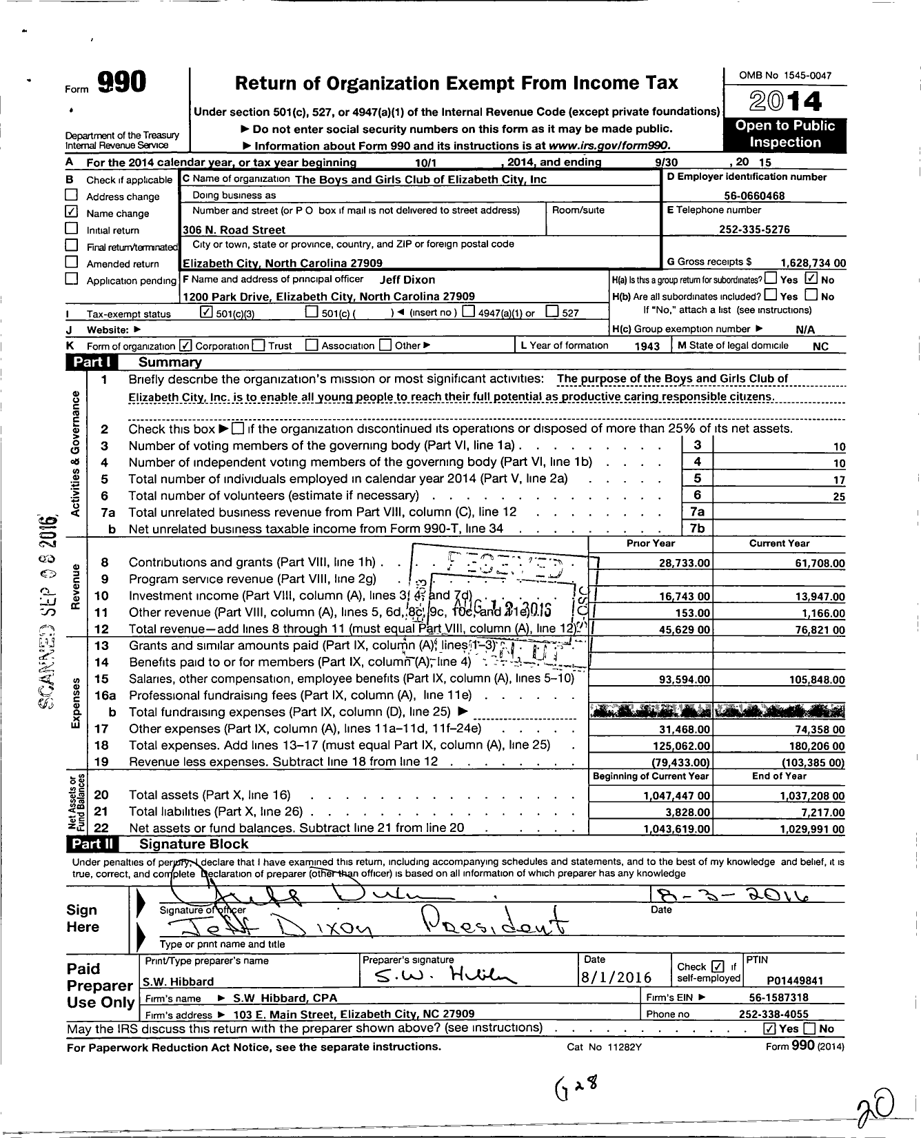 Image of first page of 2014 Form 990 for The Boys and Girls Club of Elizabeth City