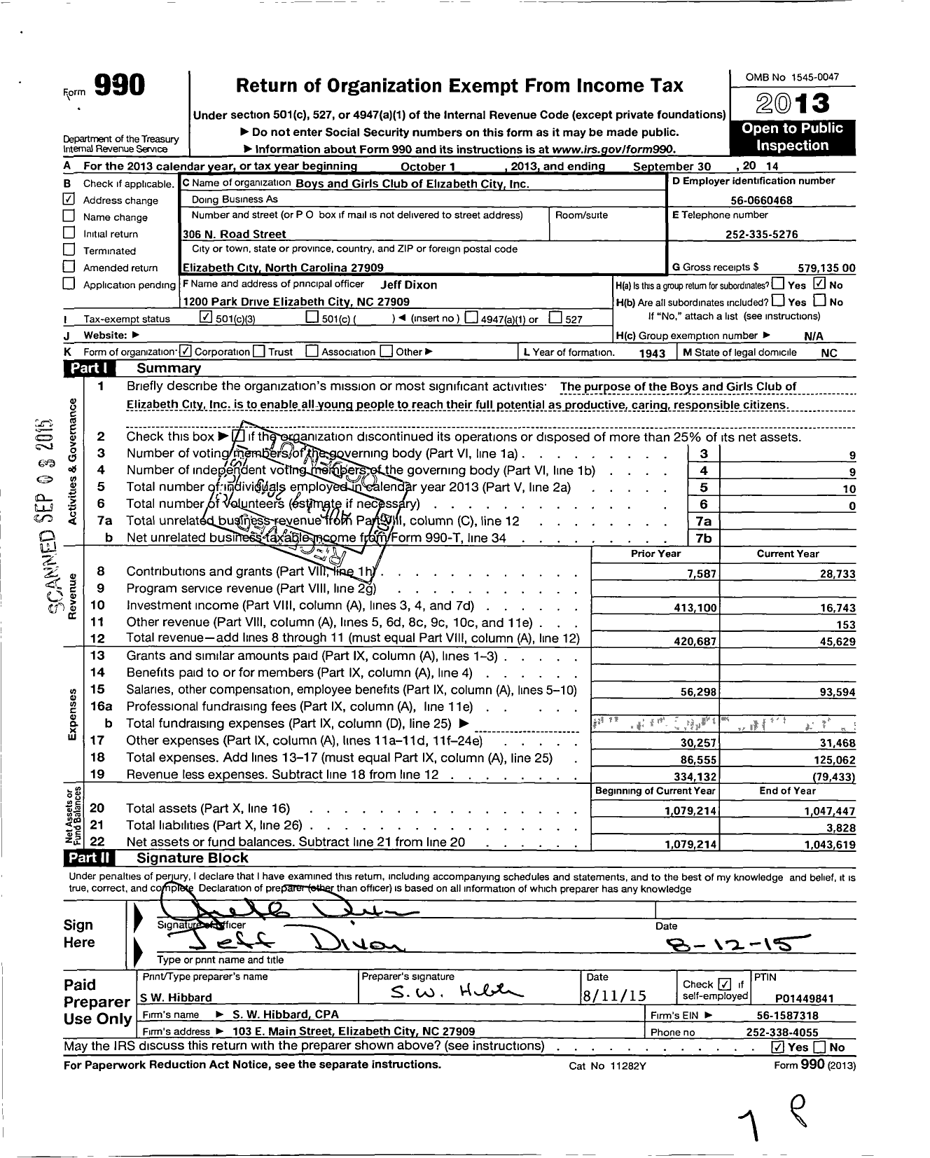 Image of first page of 2013 Form 990 for The Boys and Girls Club of Elizabeth City