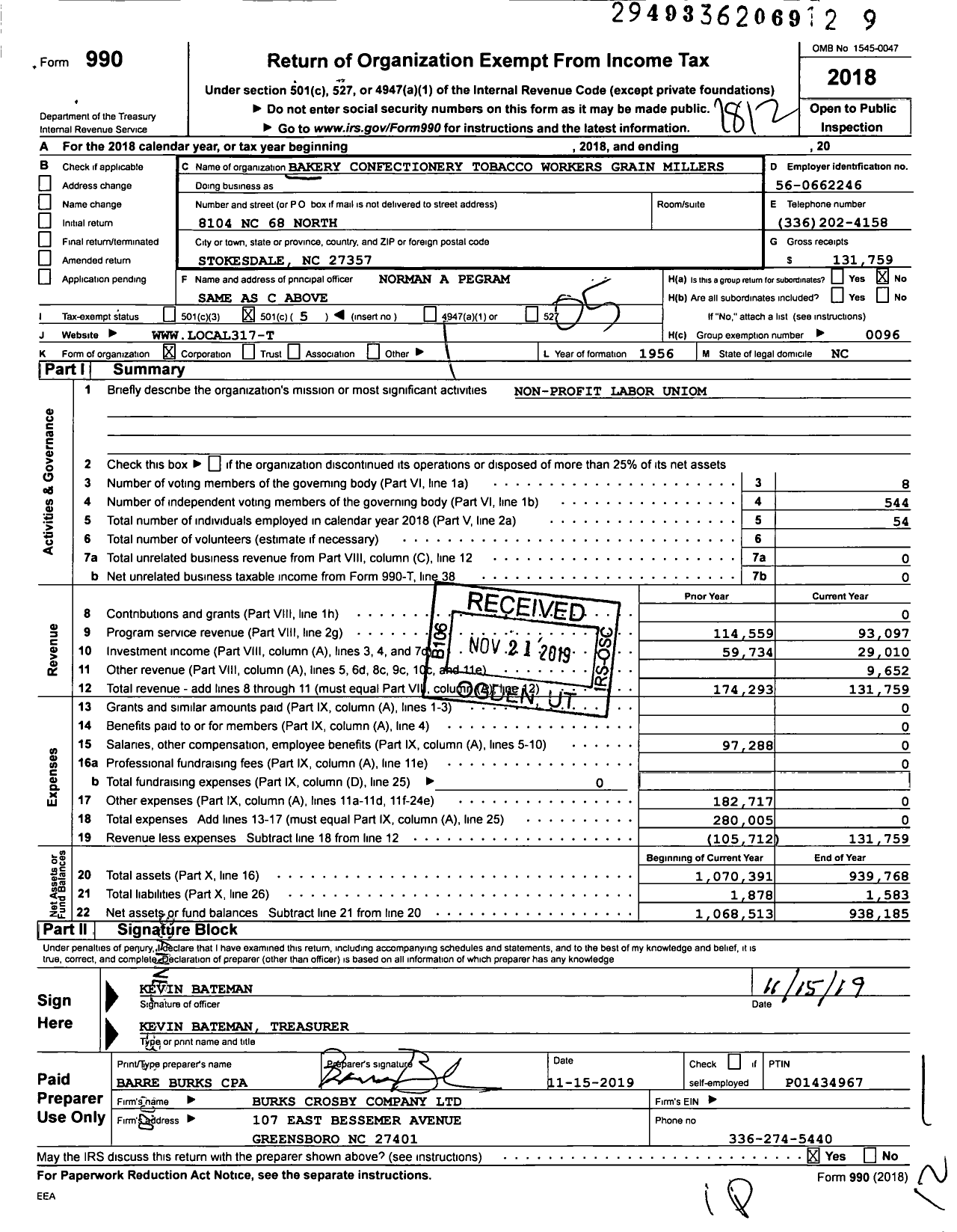 Image of first page of 2018 Form 990O for BCTGM International Union - 317T Local