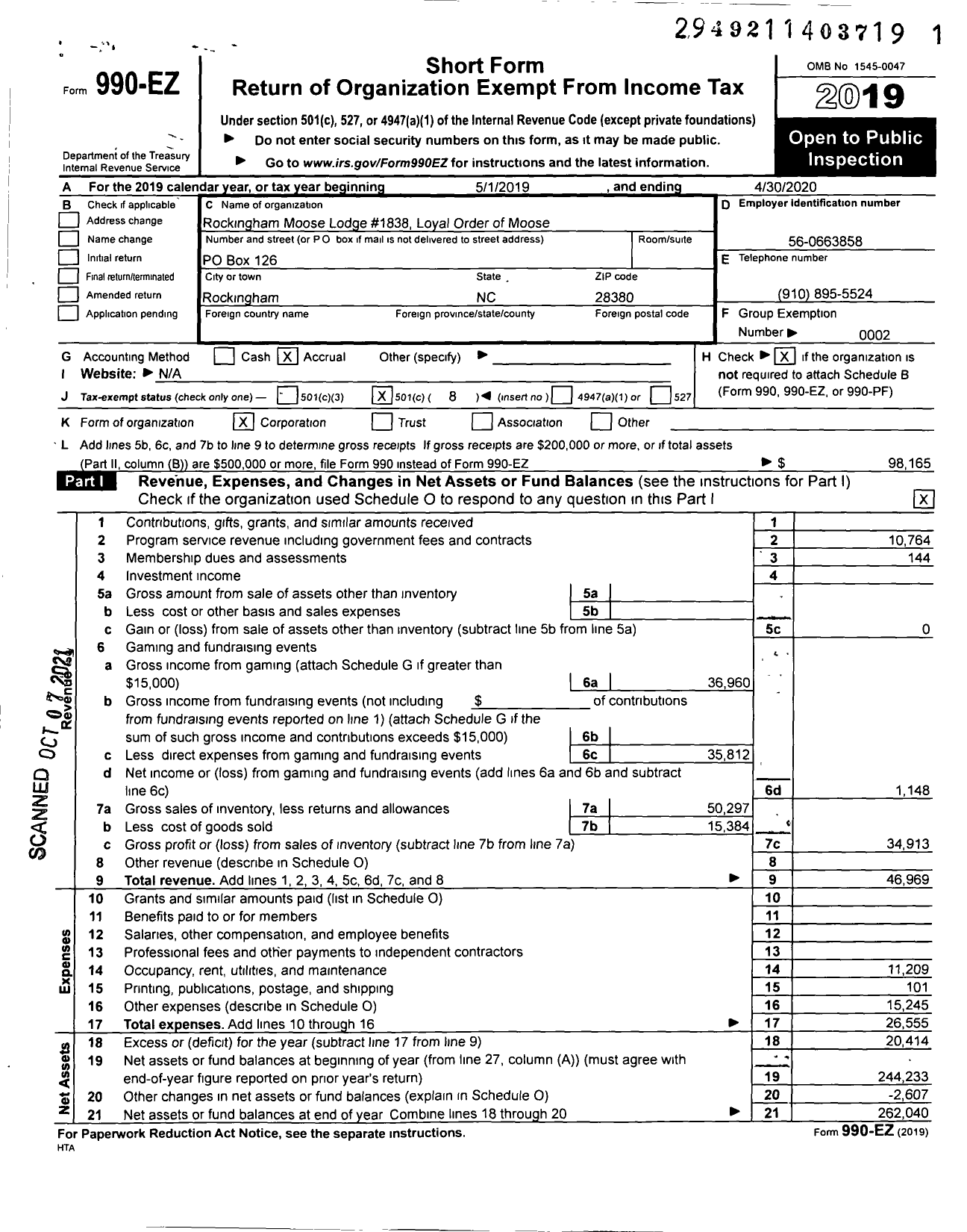 Image of first page of 2019 Form 990EO for Loyal Order of Moose - 1838