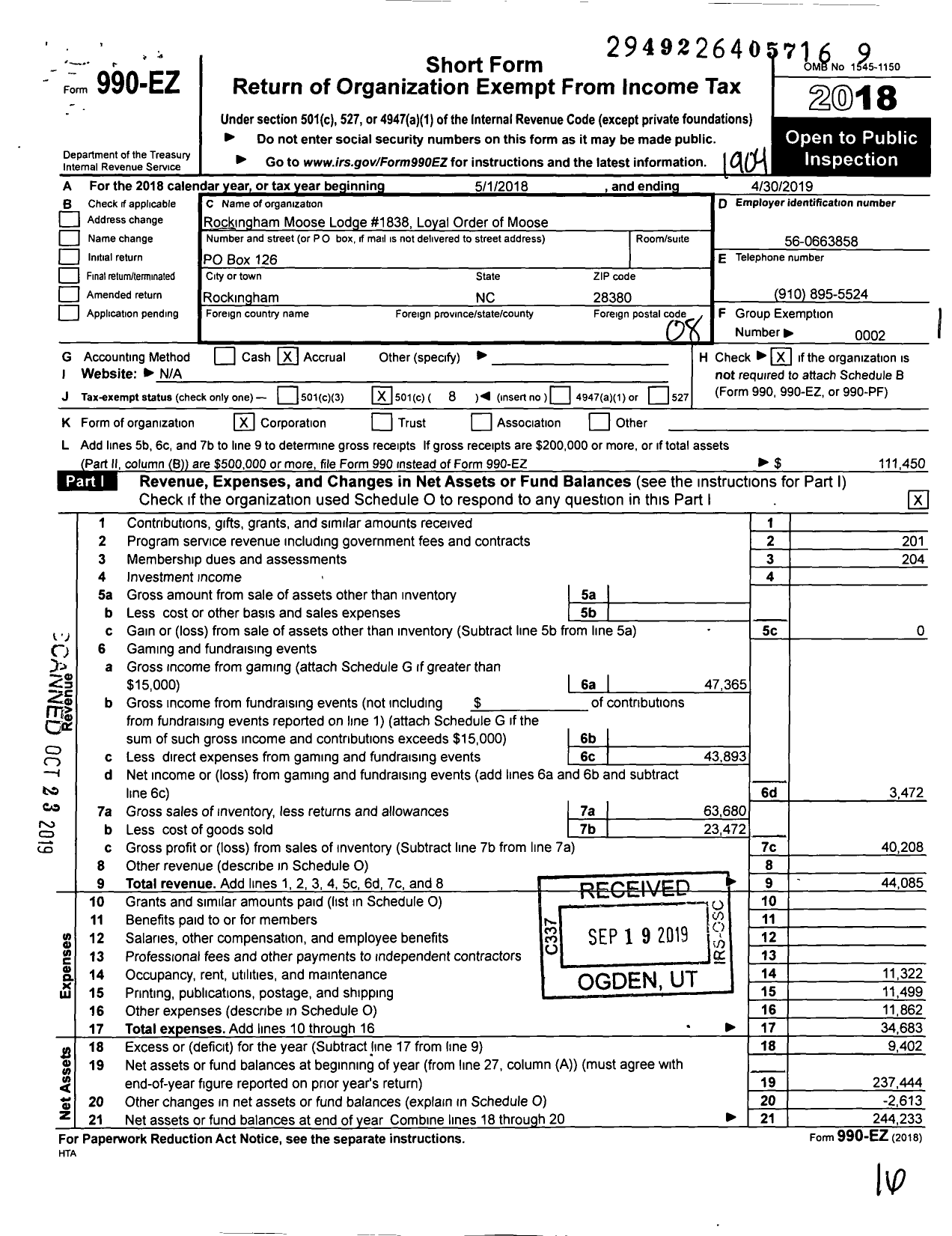 Image of first page of 2018 Form 990EO for Loyal Order of Moose - 1838