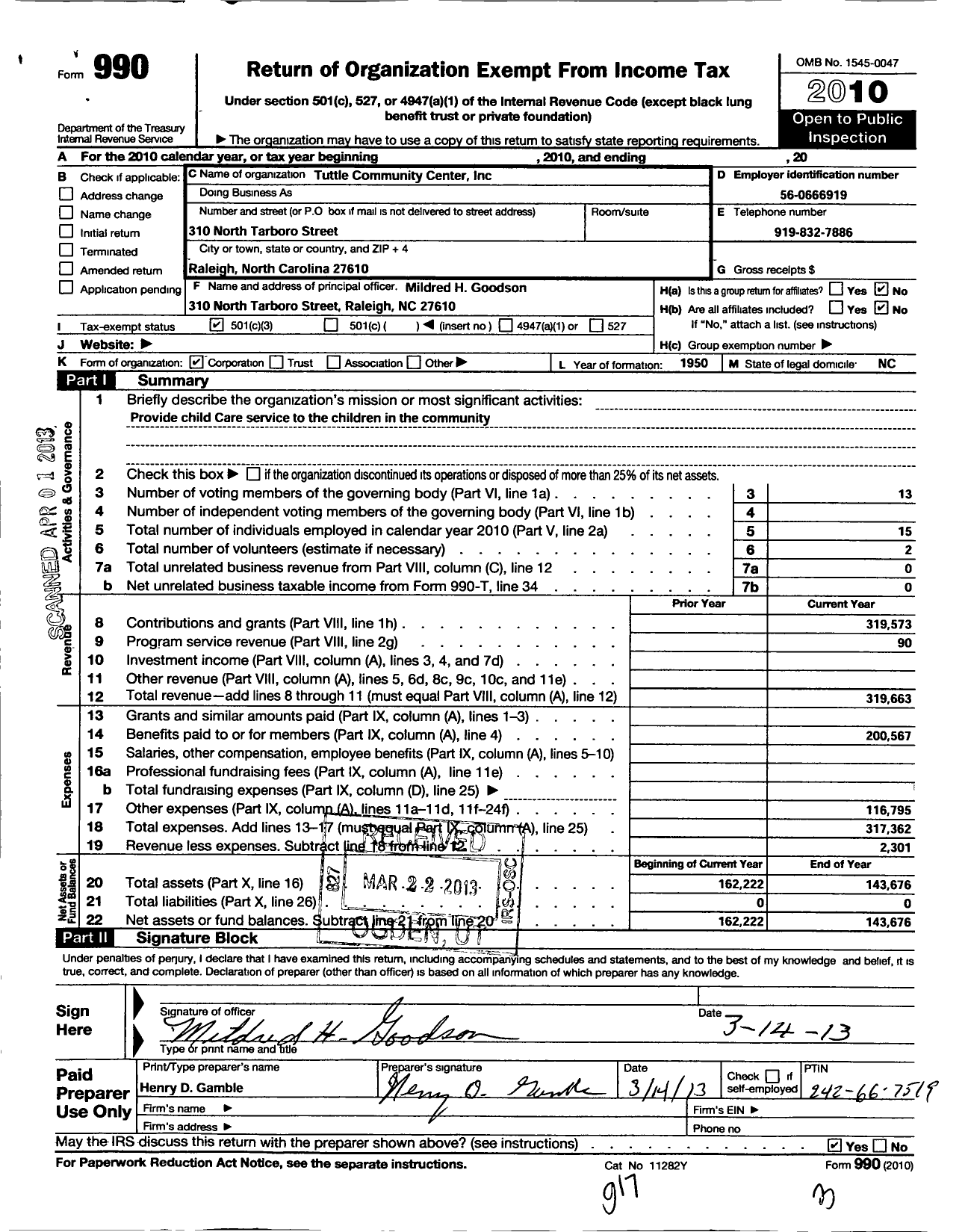 Image of first page of 2010 Form 990 for Tuttle Community Center