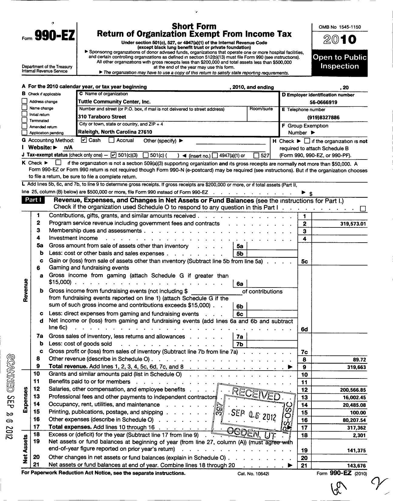 Image of first page of 2010 Form 990EZ for Tuttle Community Center