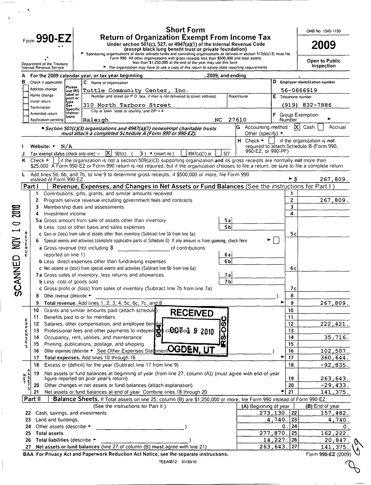 Image of first page of 2009 Form 990EZ for Tuttle Community Center