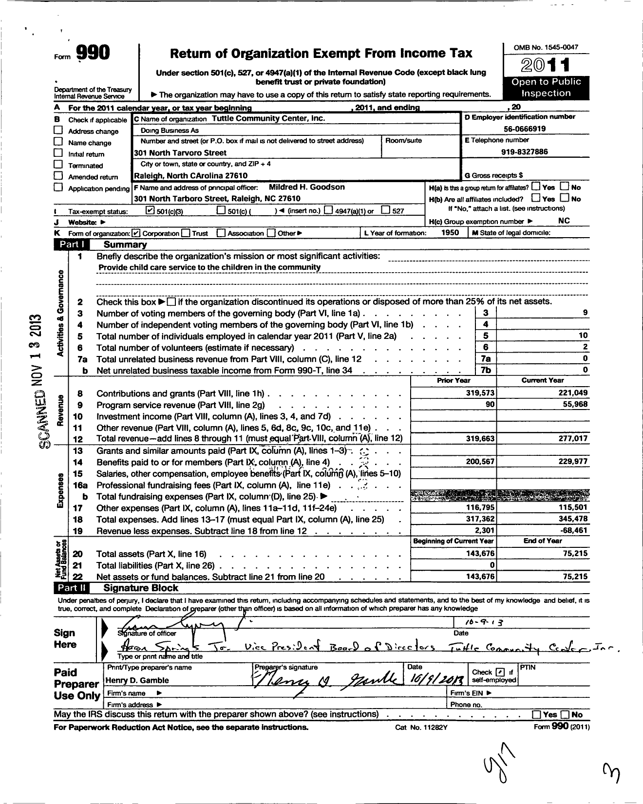 Image of first page of 2011 Form 990 for Tuttle Community Center