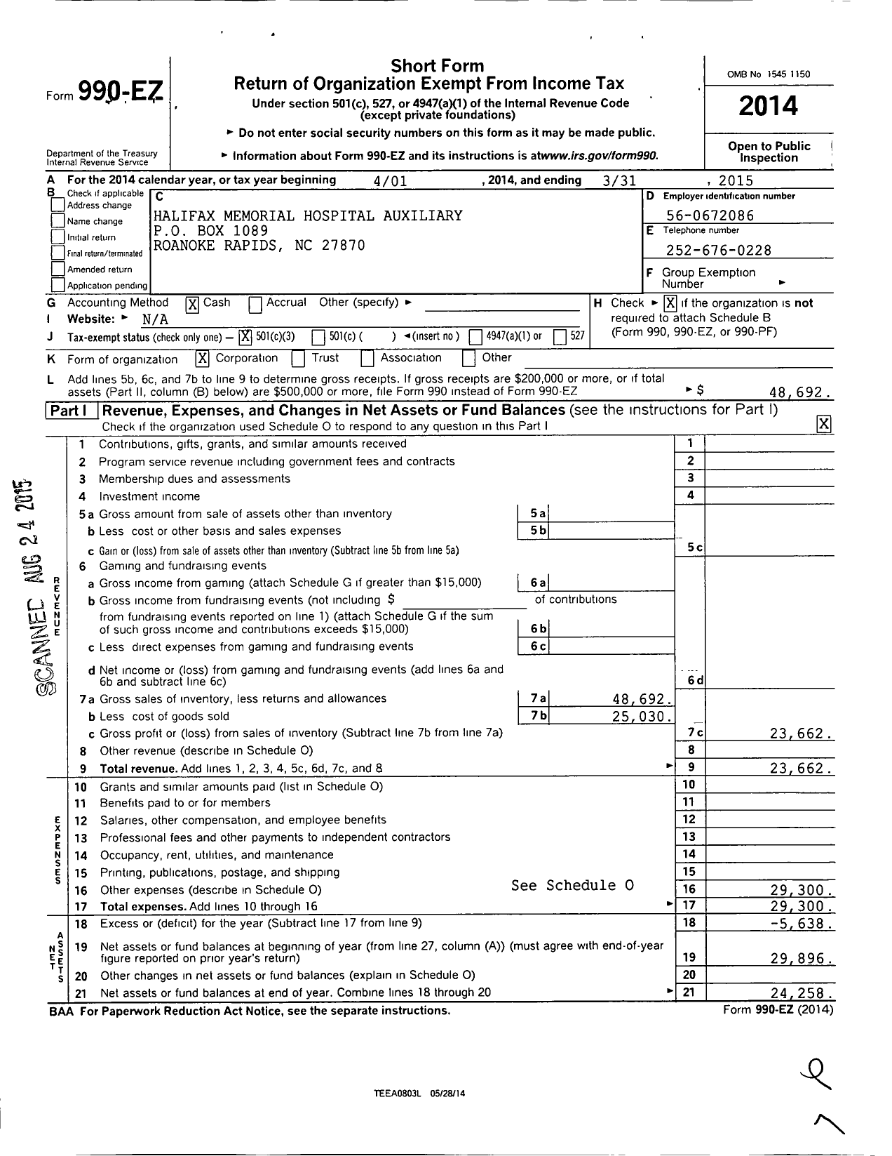 Image of first page of 2014 Form 990EZ for Halifax Regional Medical Center Auxiliary