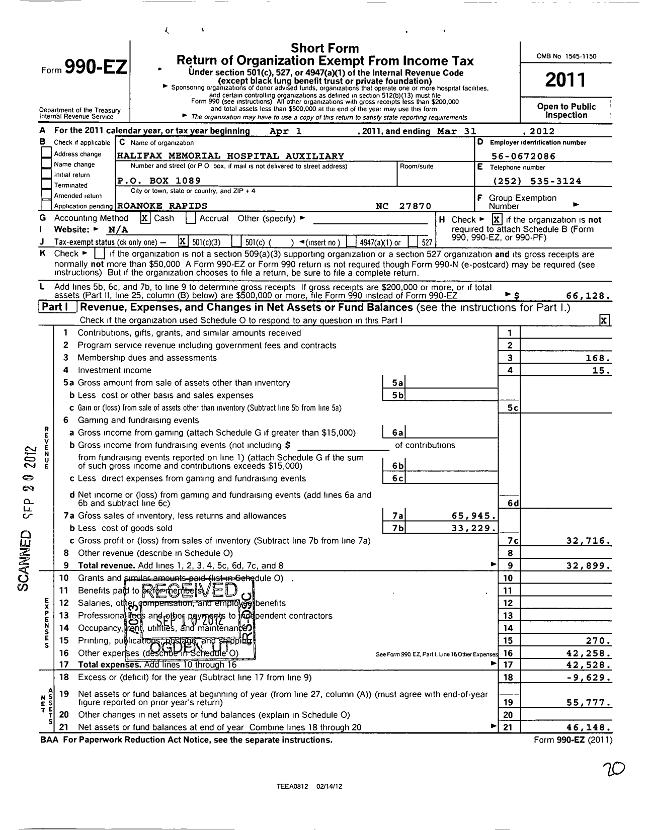 Image of first page of 2011 Form 990EZ for Halifax Regional Medical Center Auxiliary