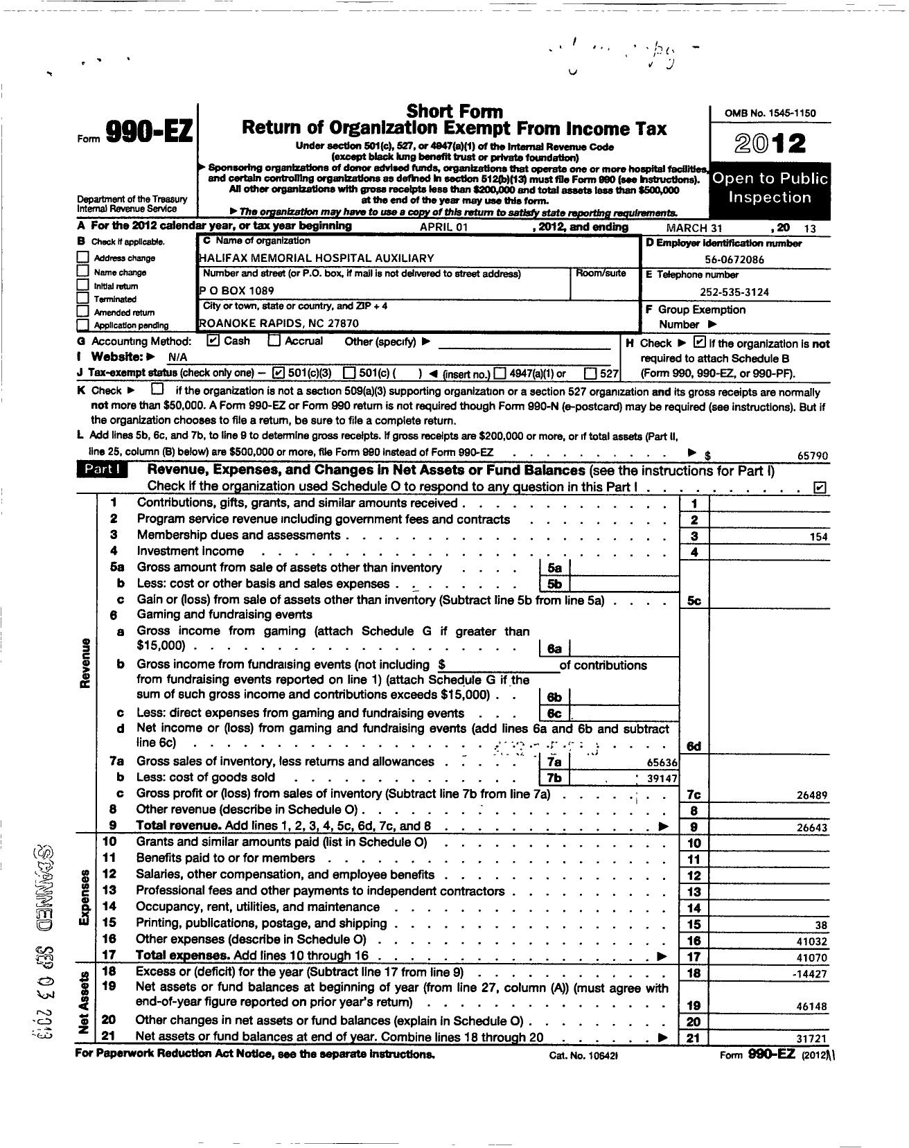 Image of first page of 2012 Form 990EZ for Halifax Regional Medical Center Auxiliary
