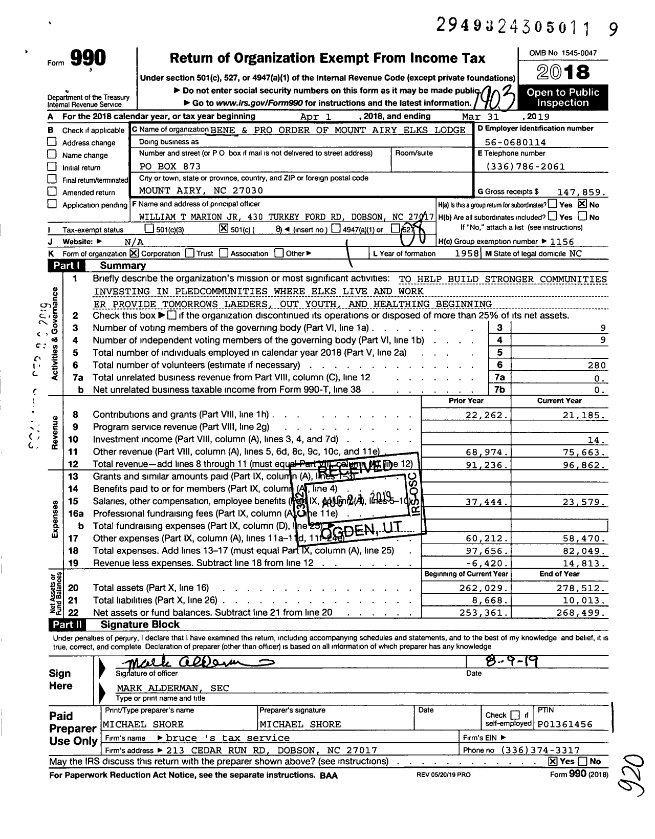 Image of first page of 2018 Form 990O for Benevolent and Protective Order of Elks - 2061 Mount Airy