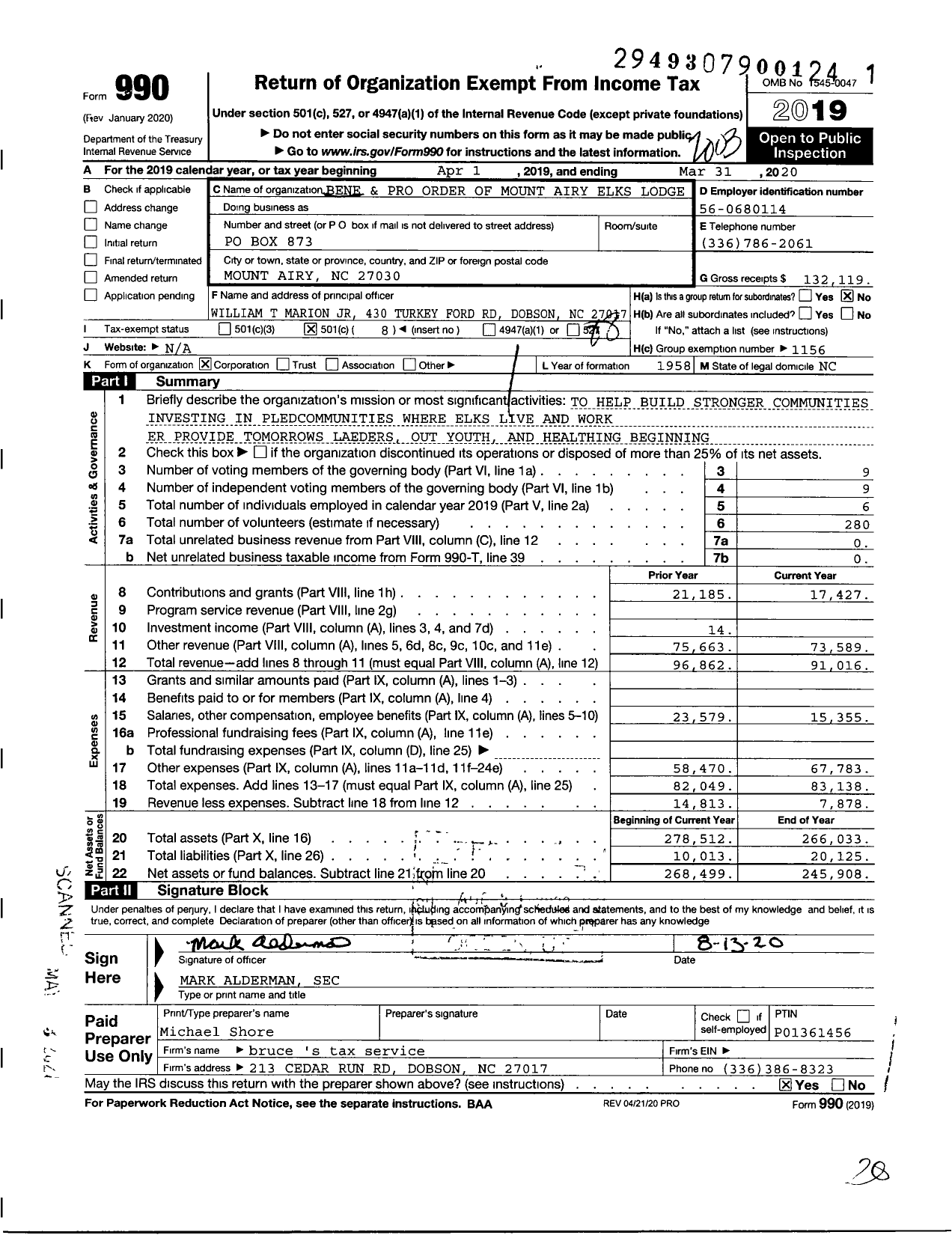 Image of first page of 2019 Form 990O for Benevolent and Protective Order of Elks - 2061 Mount Airy