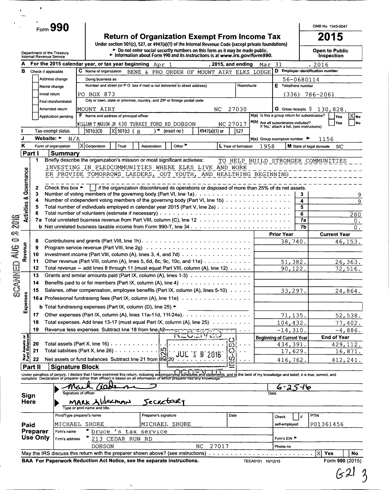 Image of first page of 2015 Form 990O for Benevolent and Protective Order of Elks - 2061 Mount Airy