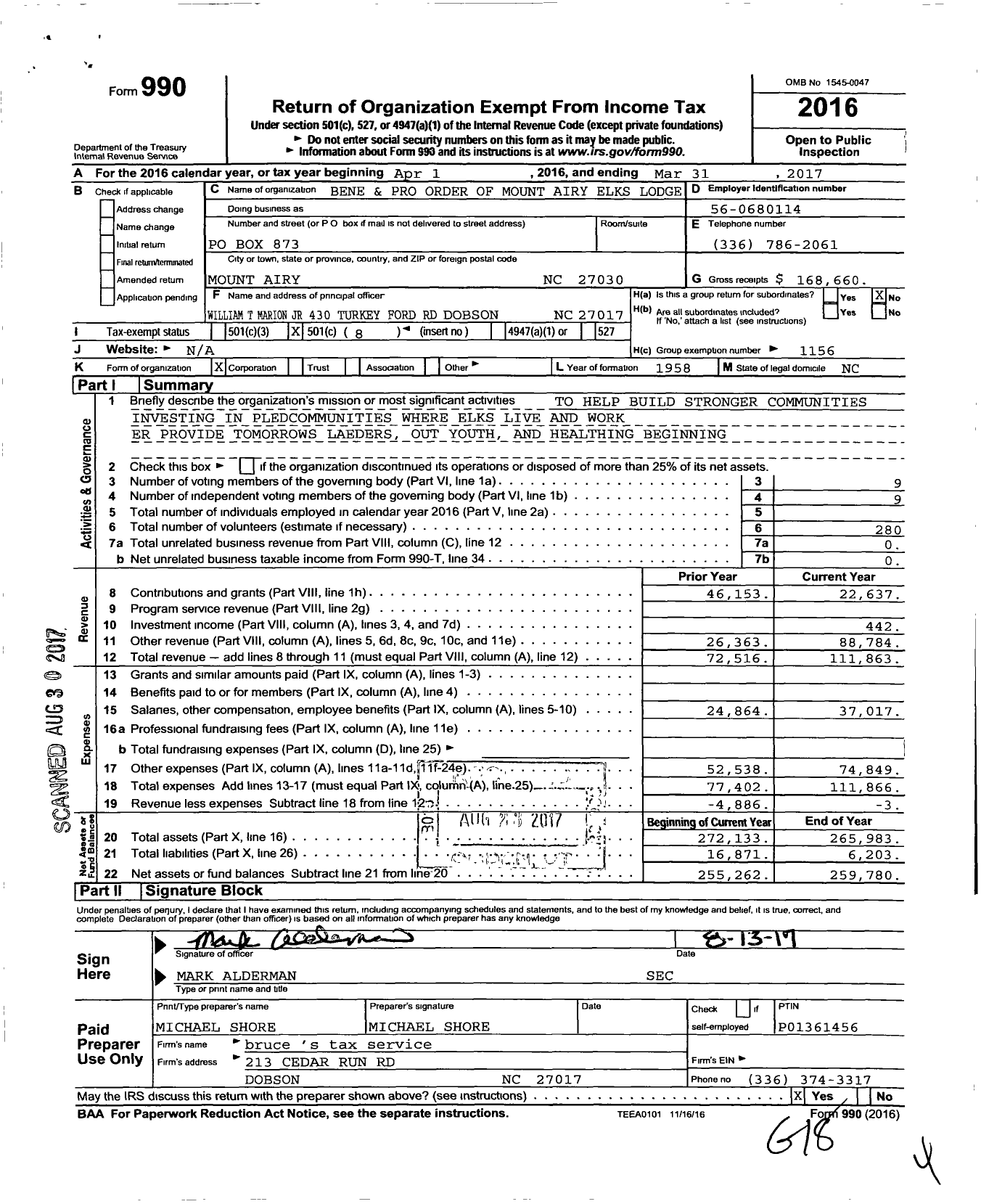 Image of first page of 2016 Form 990O for Benevolent and Protective Order of Elks - 2061 Mount Airy